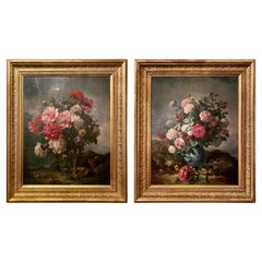 Pair Antique E.C. Muraton Floral Still-Life Oil on Canvas Paintings