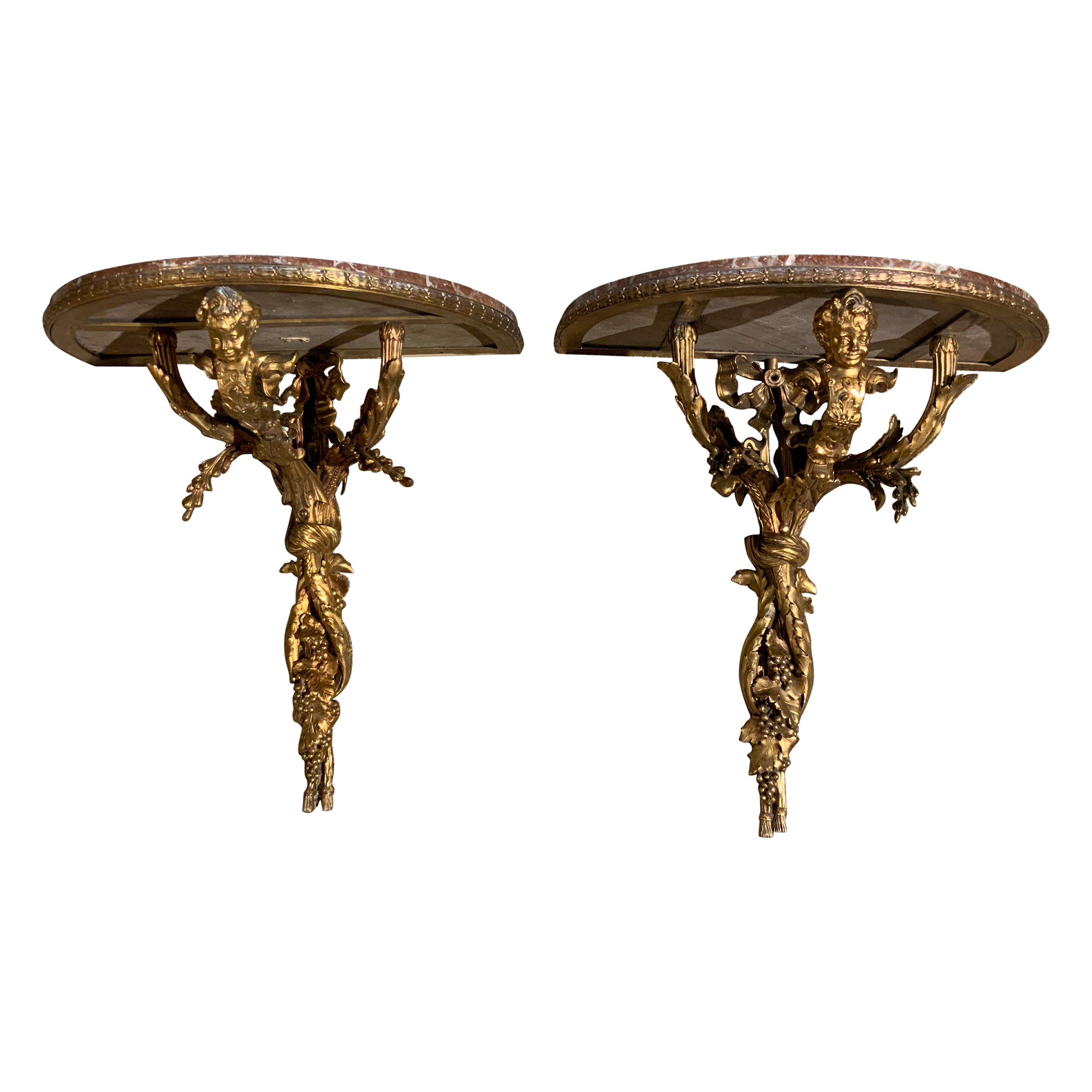 Pair of French 19th C. Bronze Dore and Rouge Marble Wall Brackets with Cherubs
