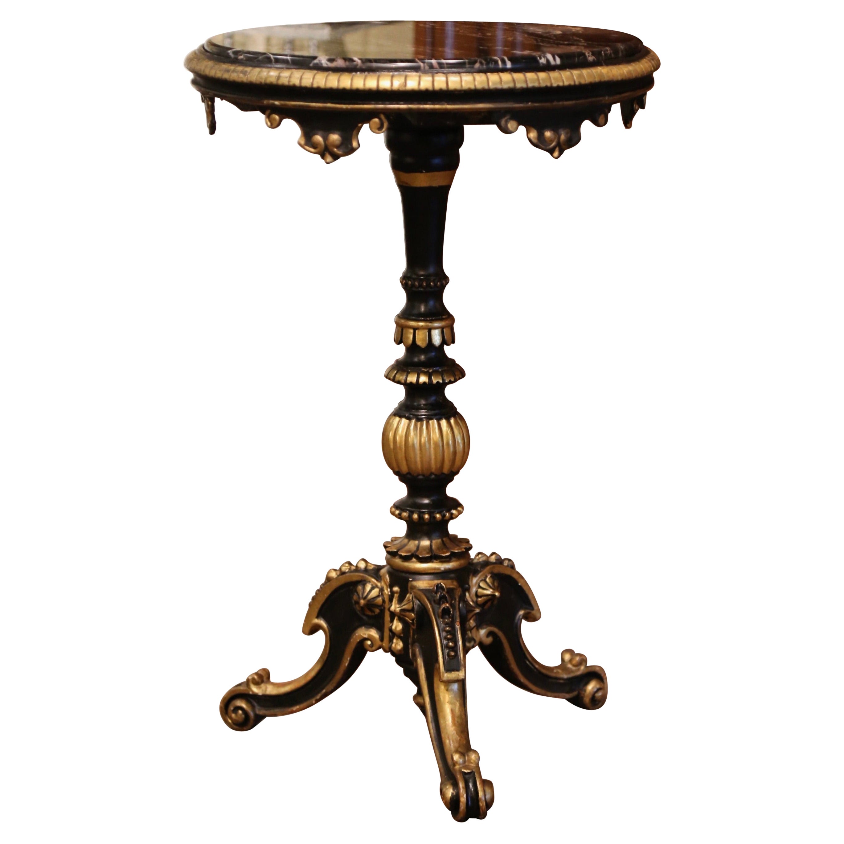 Mid-19th Century Italian Marble Top Carved Giltwood and Blackened Pedestal Table