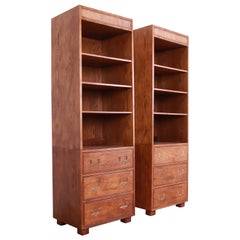 Henredon Mid-Century Modern Campaign Oak and Cane Bookcases on Chests, Pair