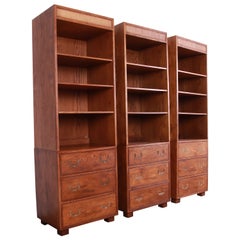 Vintage Henredon Mid-Century Modern Campaign Oak and Cane Bookcases on Chests, Set of 3