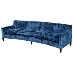 Restored Retro Blue Velvet Curved Back Sofa