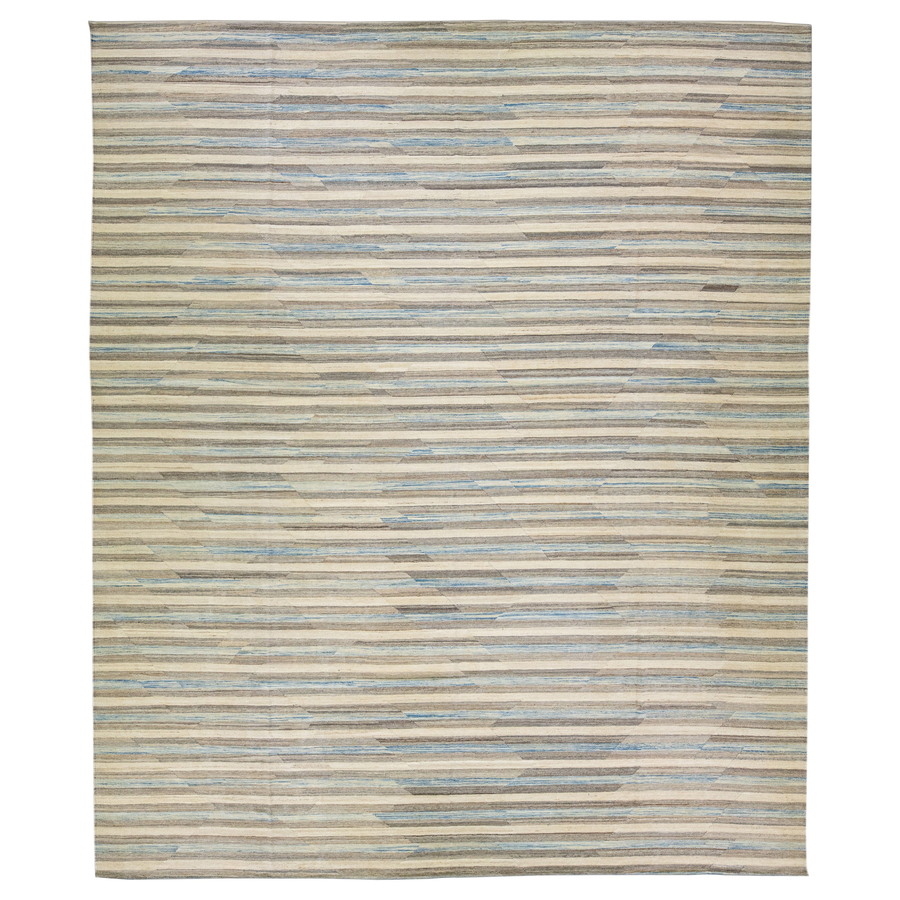 Beige Modern Kilim Abstract Flat-Weave Oversize Wool Rug For Sale