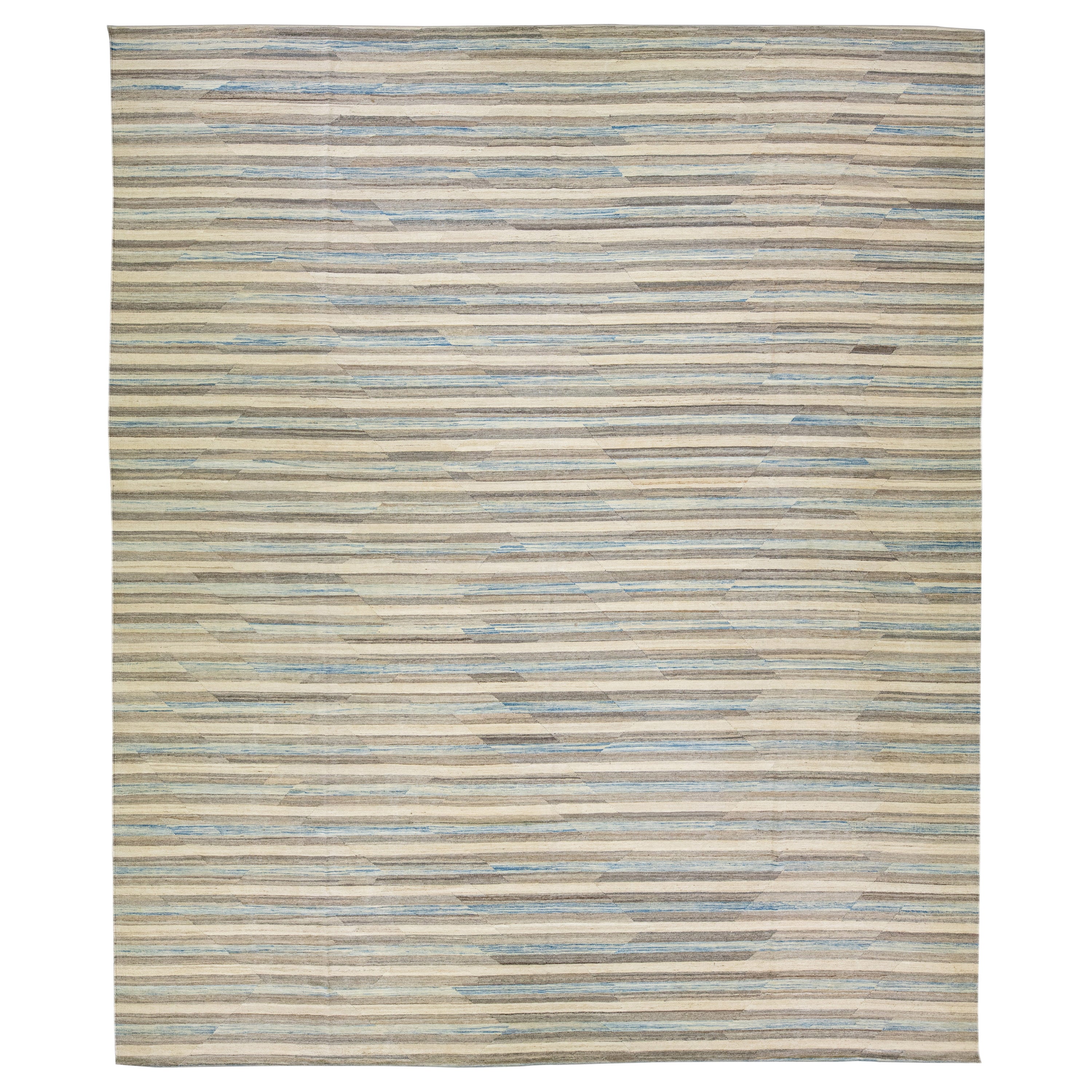 Alfombra de lana sobredimensionada de tejido plano abstracto Kilim moderno beige