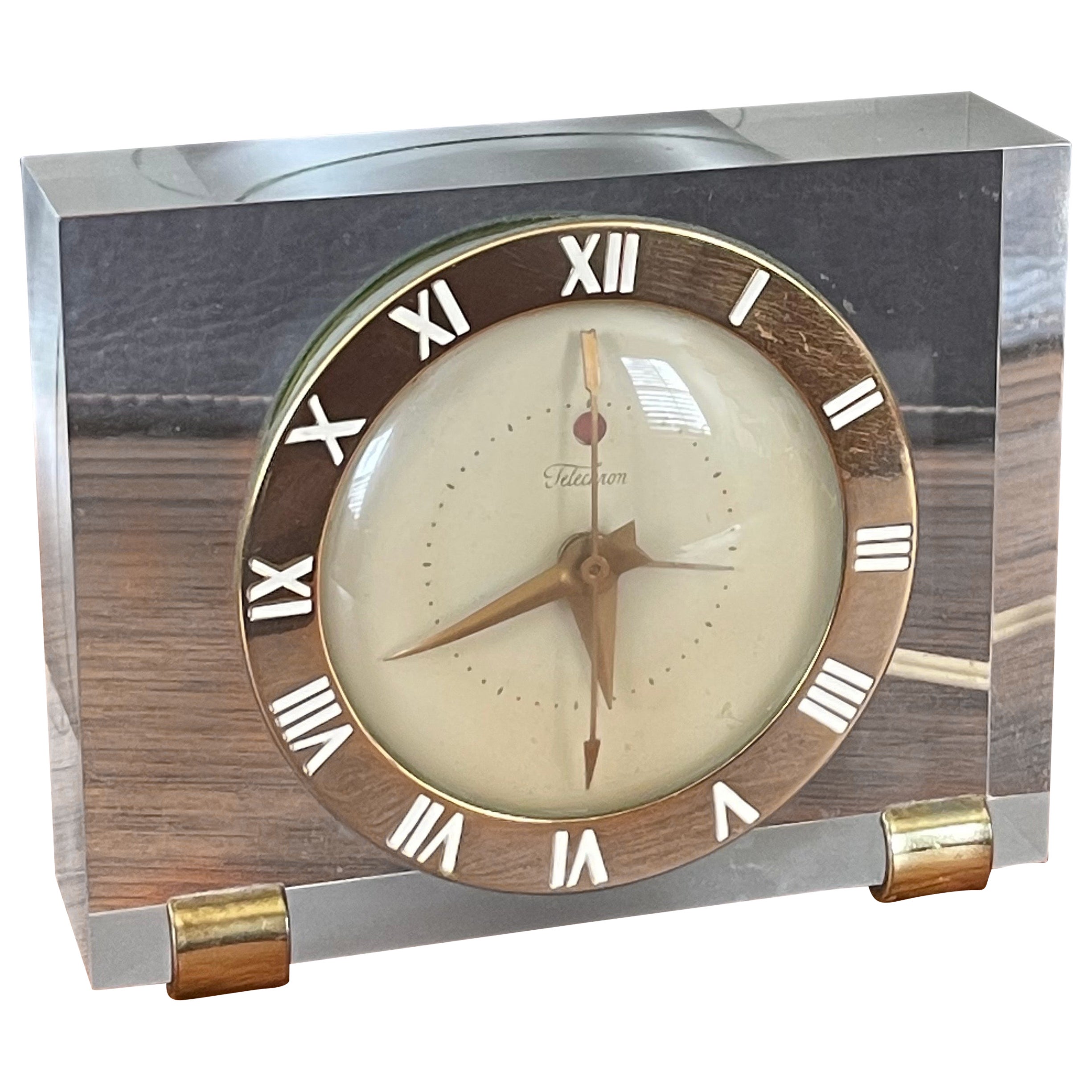 Solid Lucite & Brass Electric Desk / Mantel Clock by Telechron For Sale