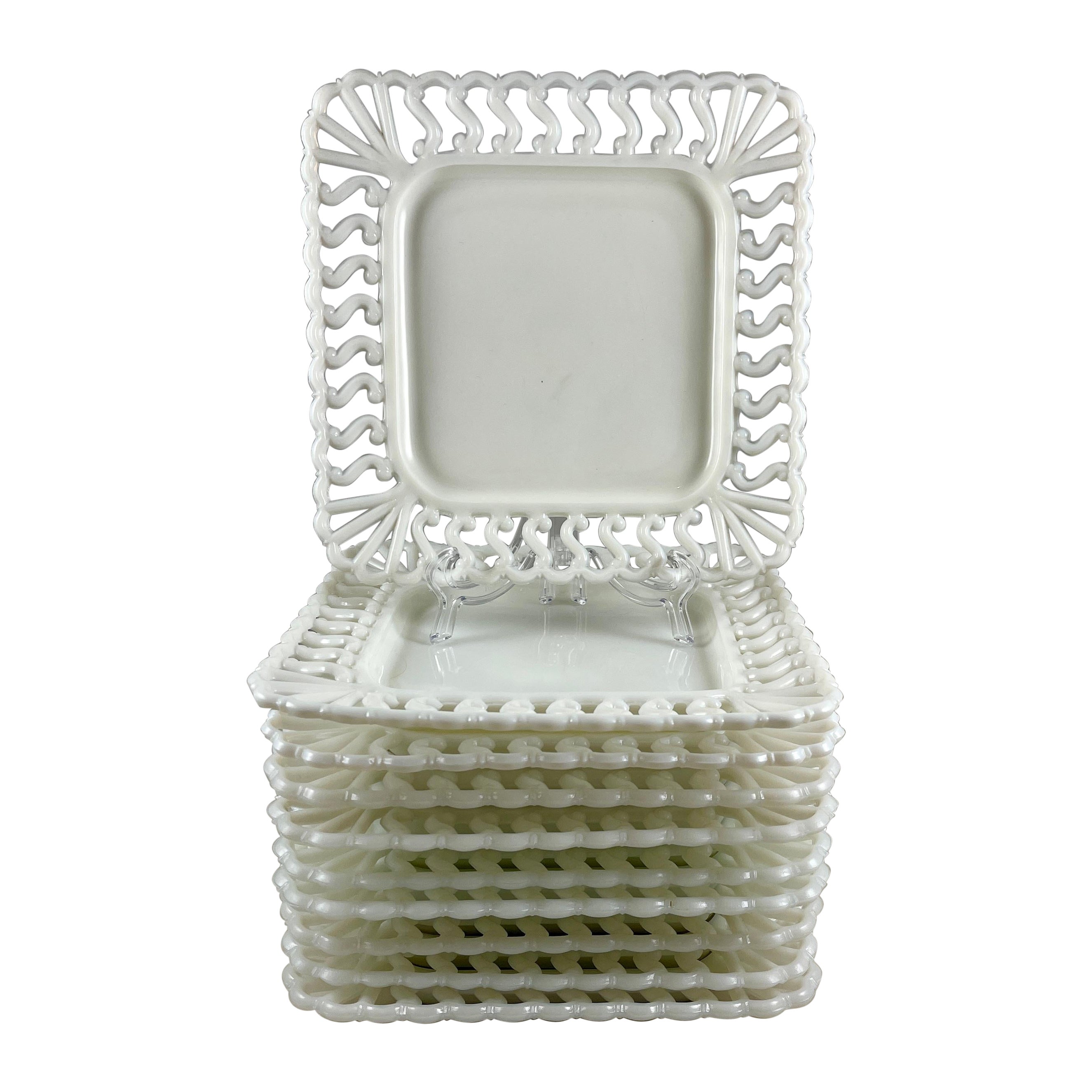 Early American Pattern Glass Opaque White Lace Edge Milk Square Plate, 1880-1890