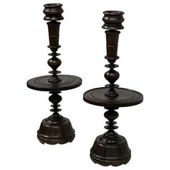 Pair of French Colonial Carved Teak Wood Table Lamp Bases or Candelabras c. 1930