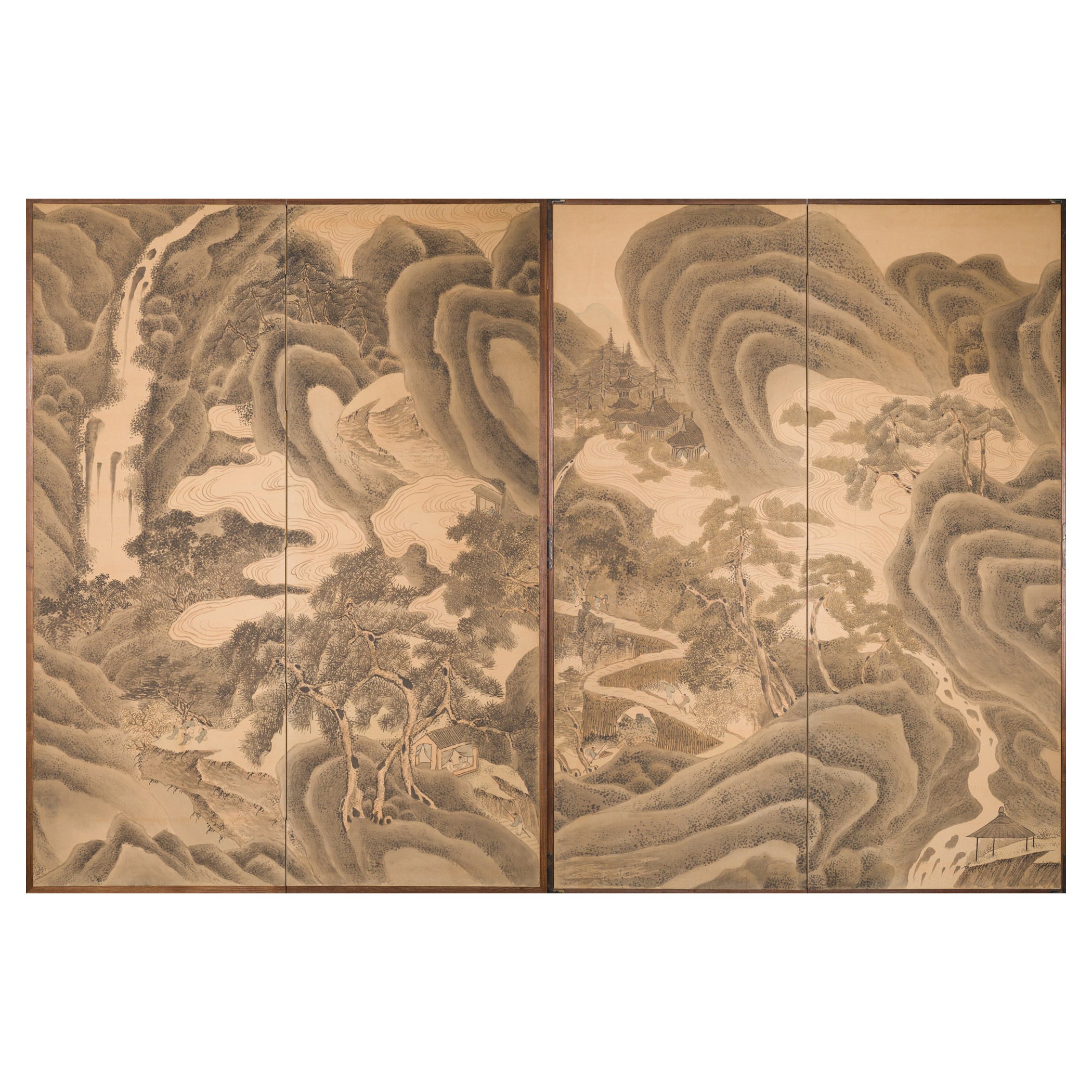 Paar japanische Paravents mit zwei Tafeln: Berglandschaft mit Wasserfällen und Fluss