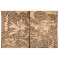 Pair of Japanese Two Panel Screens: Exaggerated Mountain Landscape