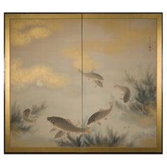 Japanese Two Panel Screen Carp with Bottom Grasses