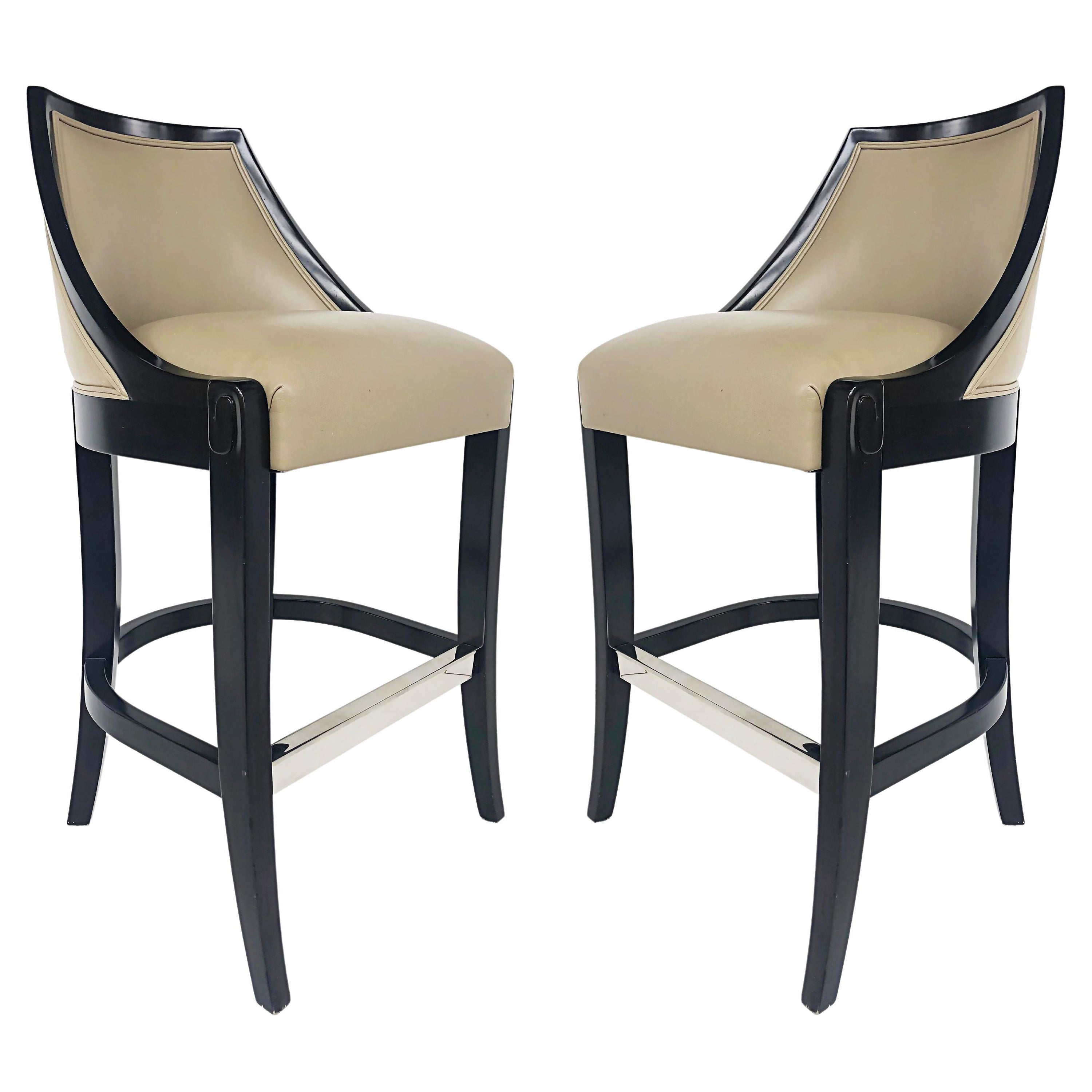 J. Robert Scott Roma Bar Stools in Black Lacquered and Goose Down, Pair