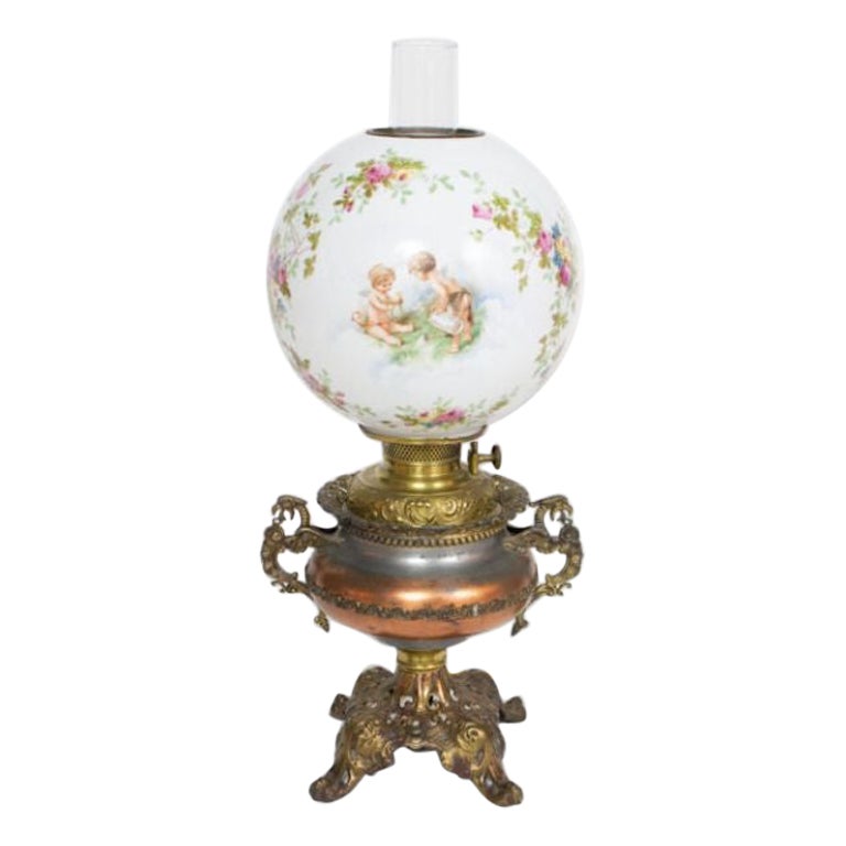 Electrified Oil Lamp with Floral Shade