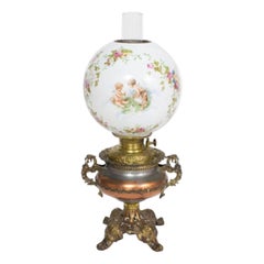 Antique Electrified Oil Lamp with Floral Shade