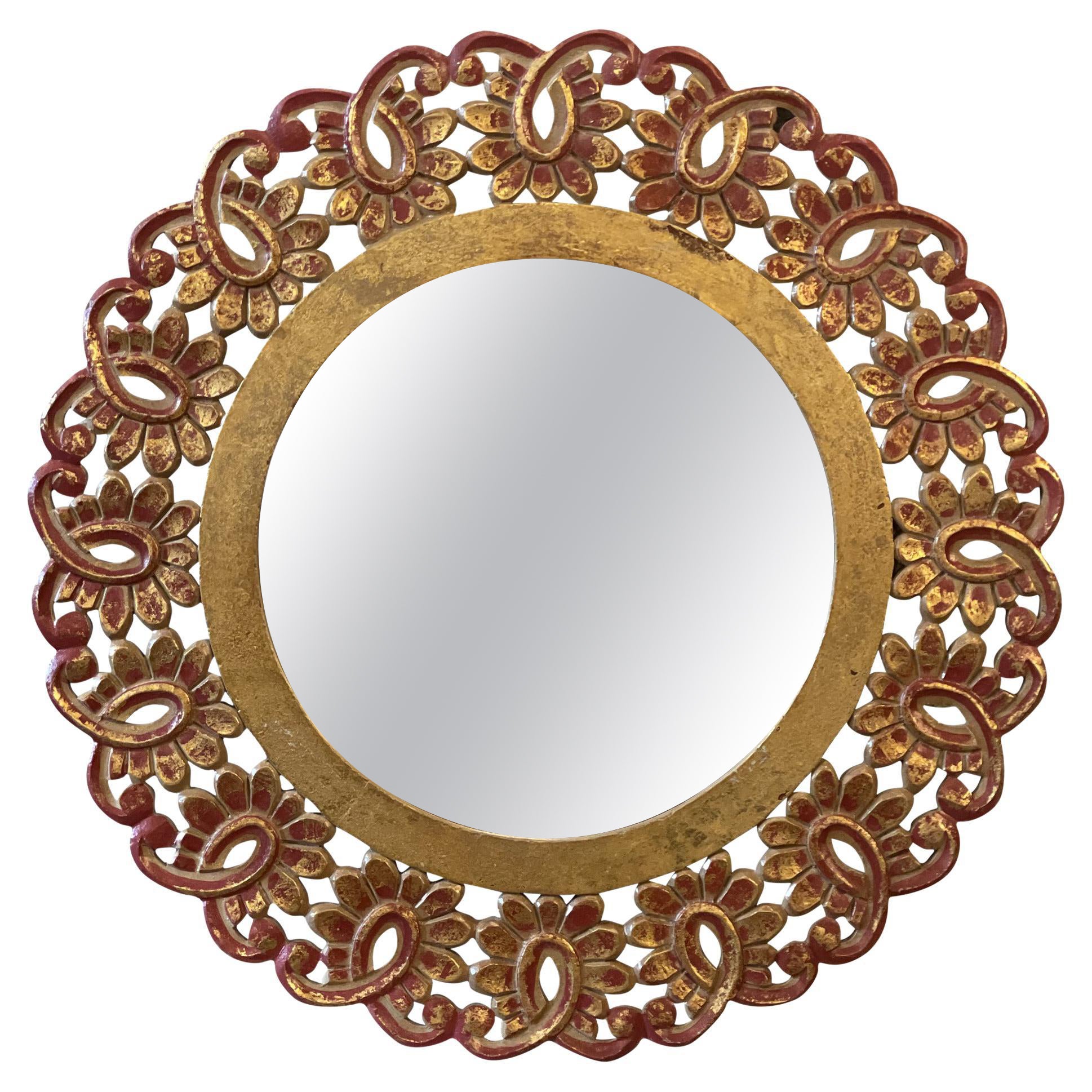 Vintage Gold Gilt Floral Round Mirror For Sale
