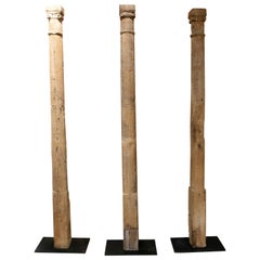 Set of Three 16th Century Spanish Hand Carved Wooden Columns on Steel Bases