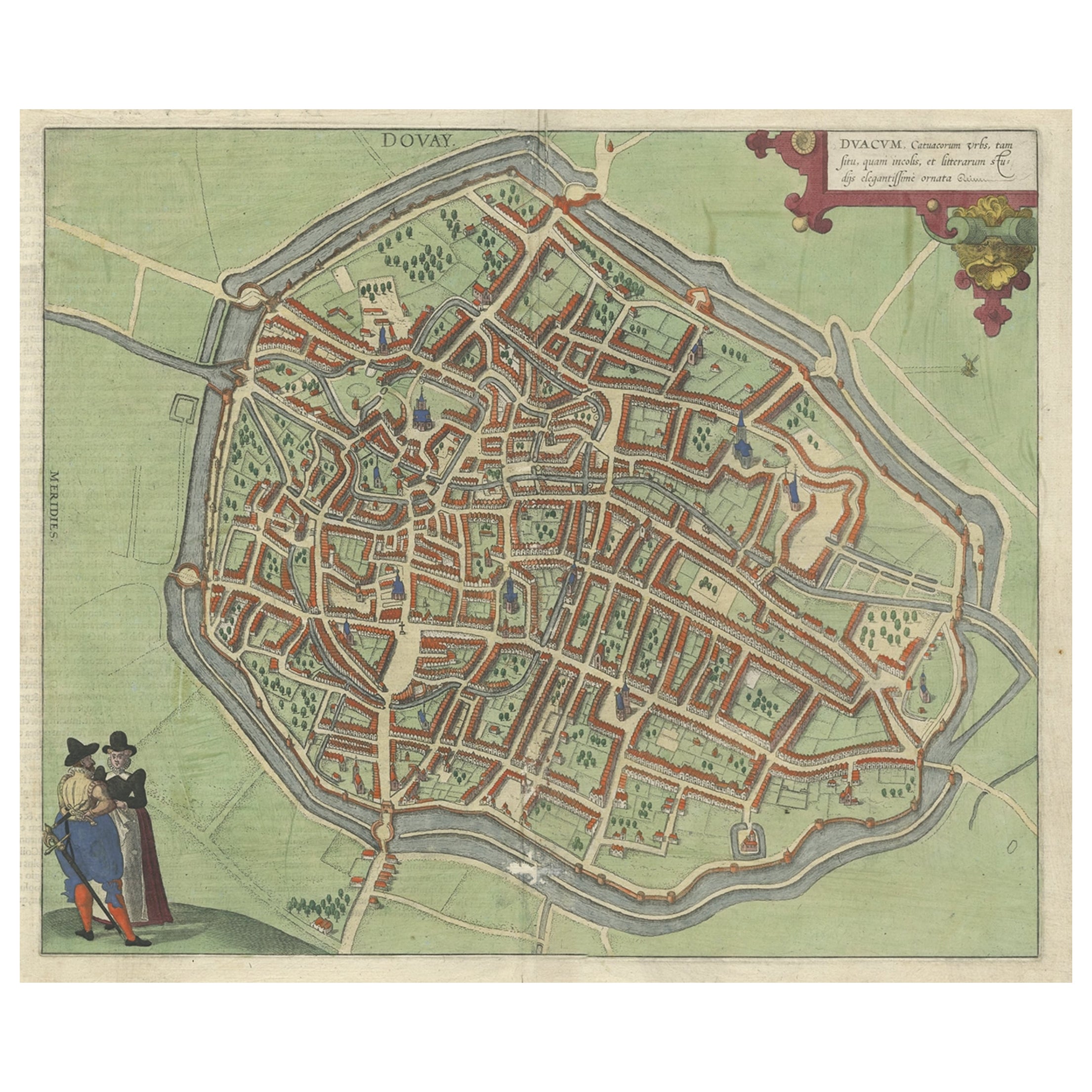 Très vieille carte ancienne originale de la ville de Douai en France, vers 1575