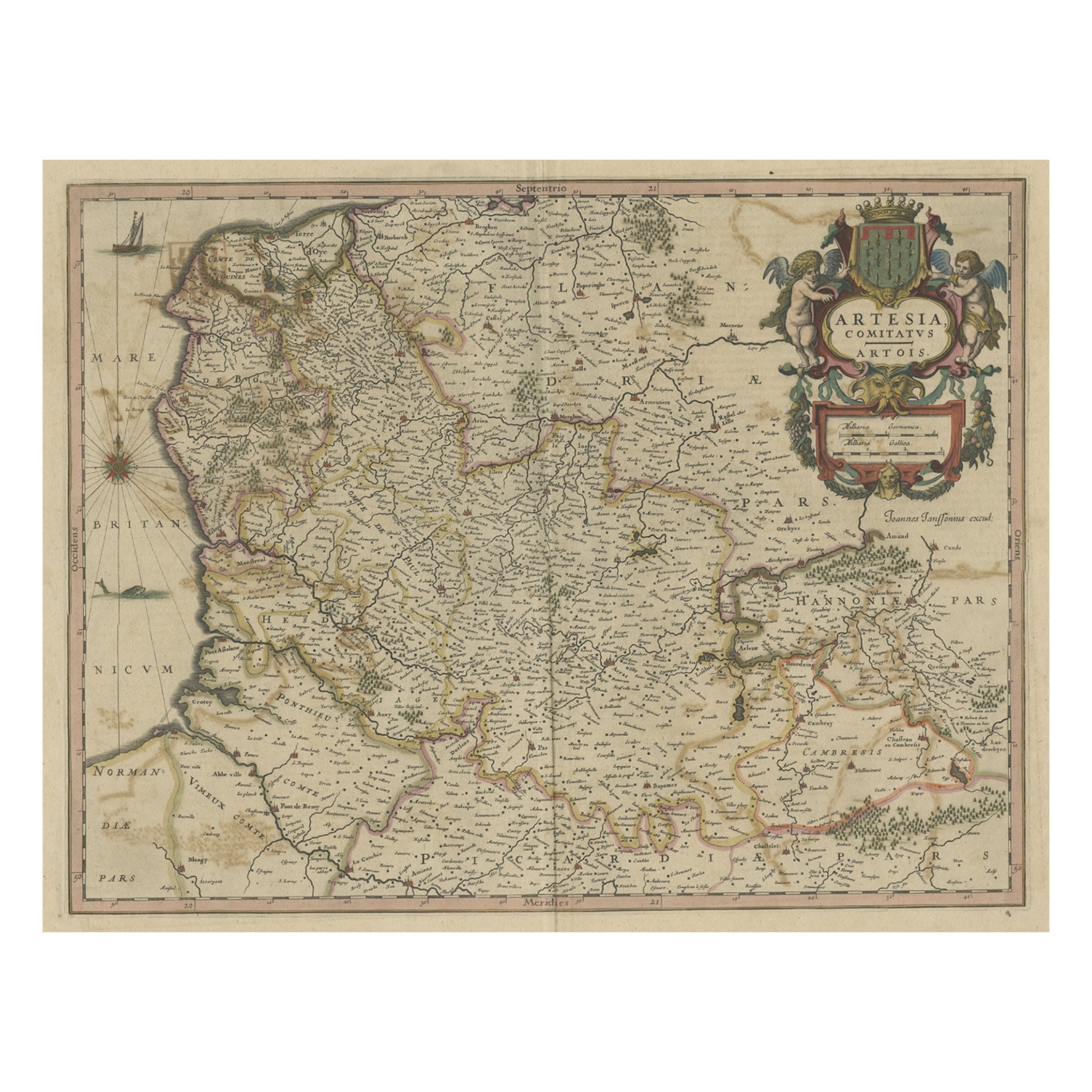 Carte originale colorée à la main d'époque d'Artois ou d' Artesia, France, vers 1650