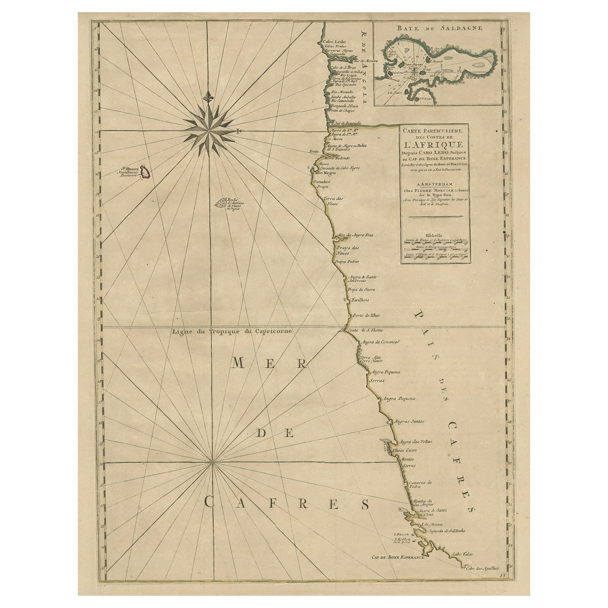Ancienne carte des côtes de la Namibie et de l'Afrique du Sud et encart de la baie de Saldanha, vers 1700 en vente