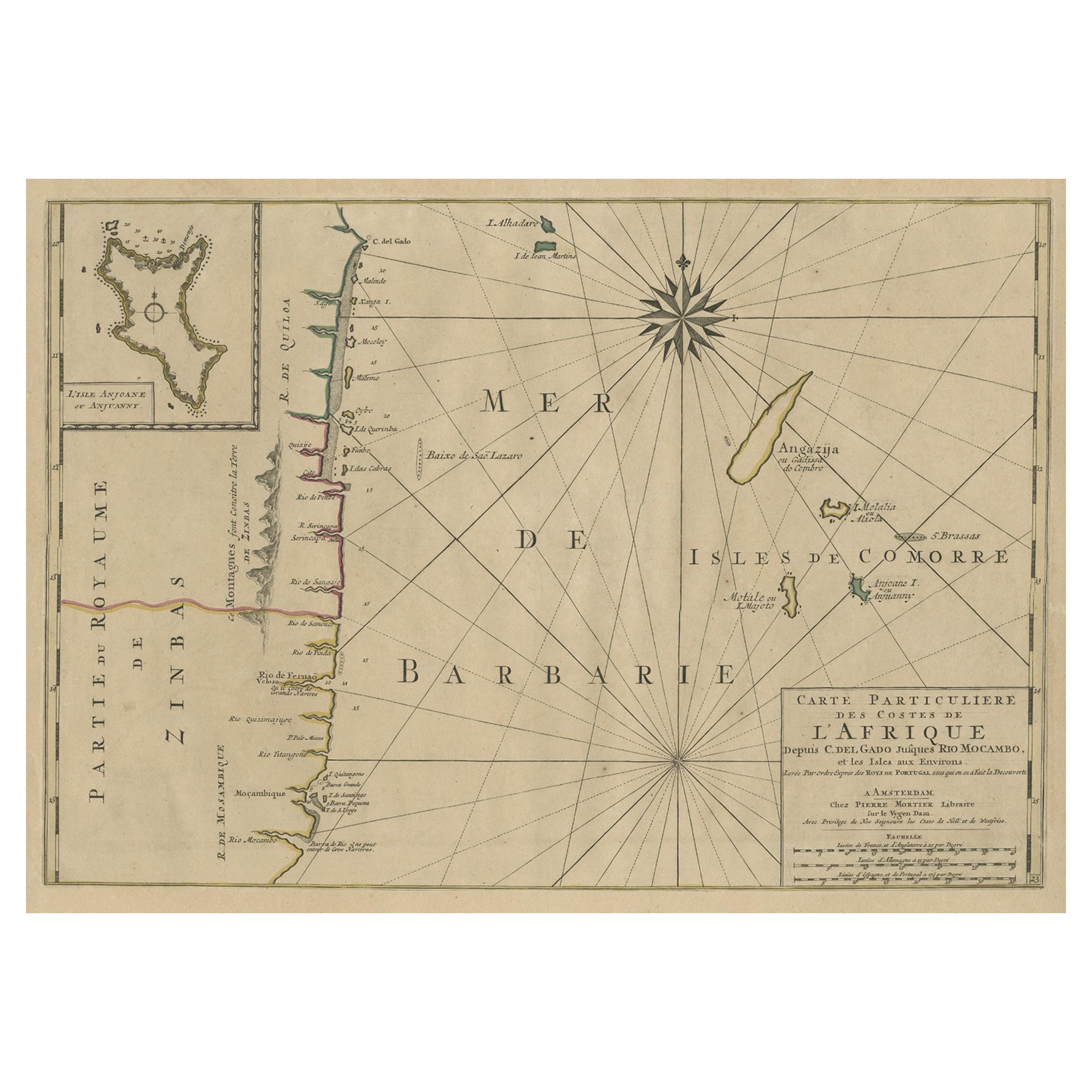 Map of the Mozambique and Tanzania Coast & Inset Map of Anjouan Island, ca.1700 For Sale
