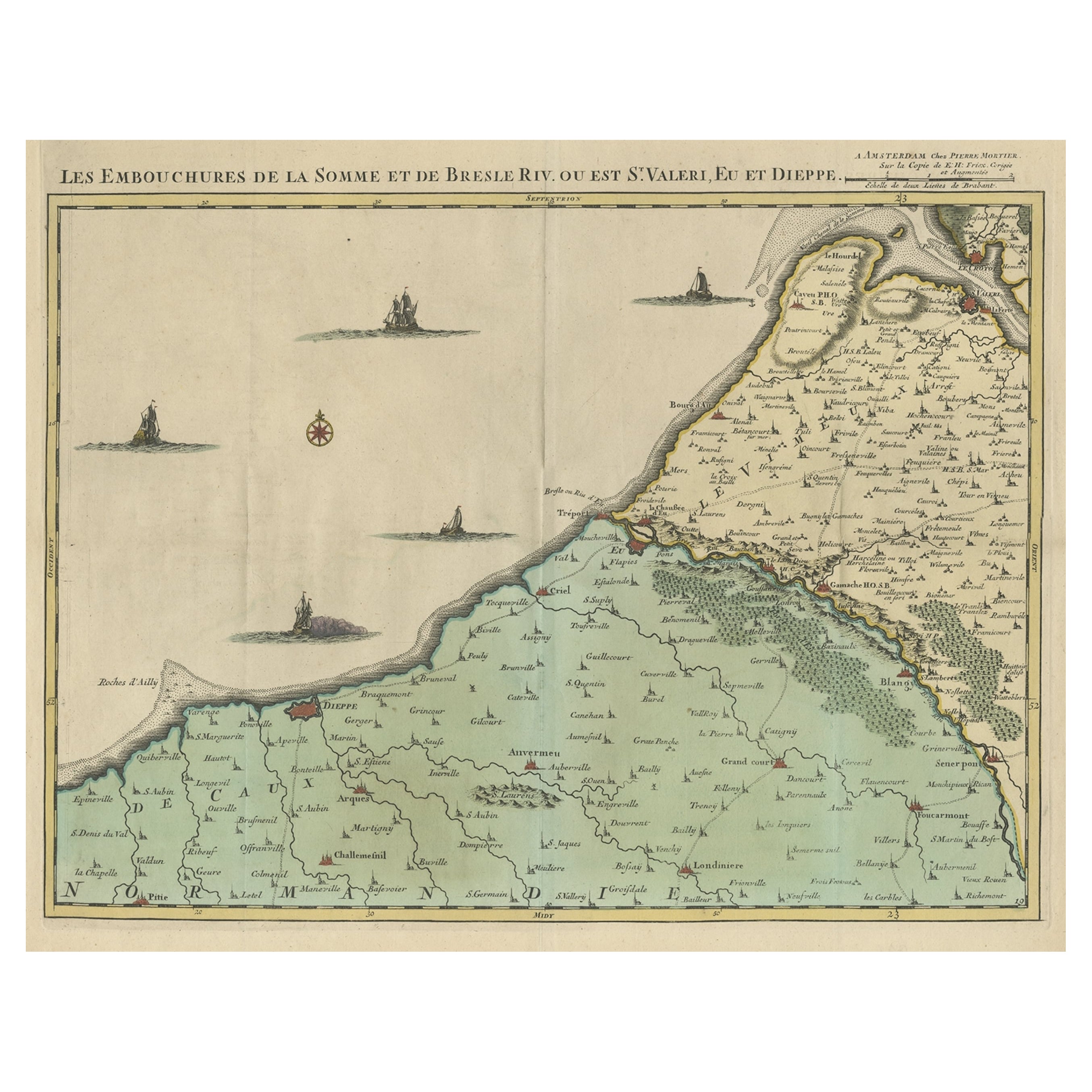Beautiful Antique Map of the French Coast, from St. Valeri to Dieppe, 1720 For Sale