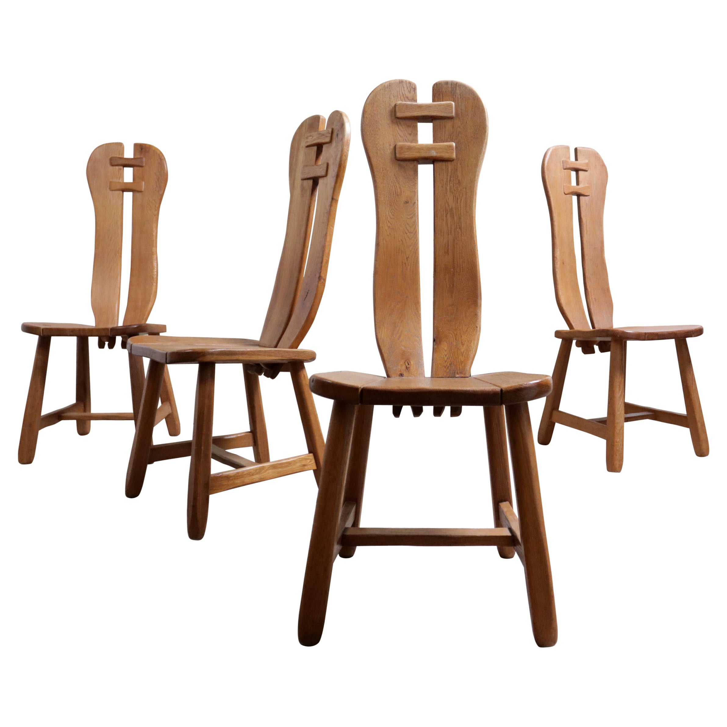 Set of 4 Brutalist Mid-Century Wai Sabi Oak De Puydt Chairs Belgium 70's