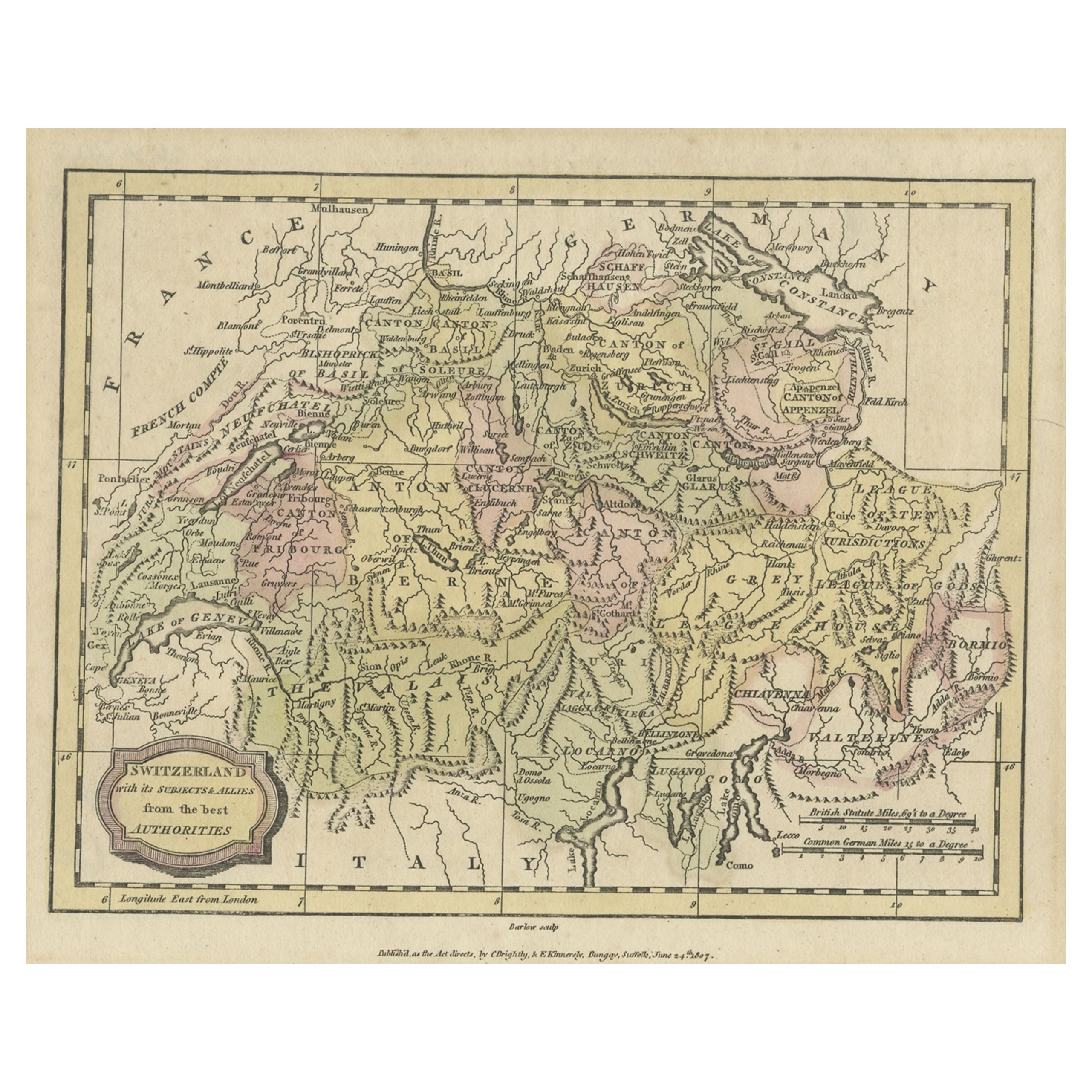Small Original Antique Map of Switzerland and Surroundings, 1807