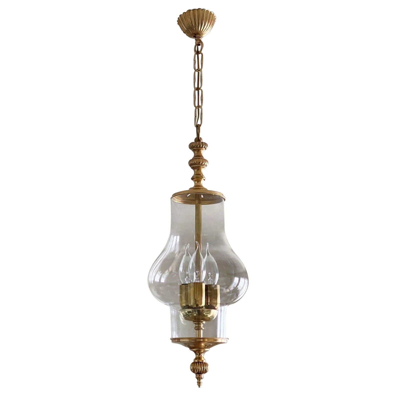 French Art Deco Brass Hand Blown Clear Crystal Three-Light Lantern, 1930s