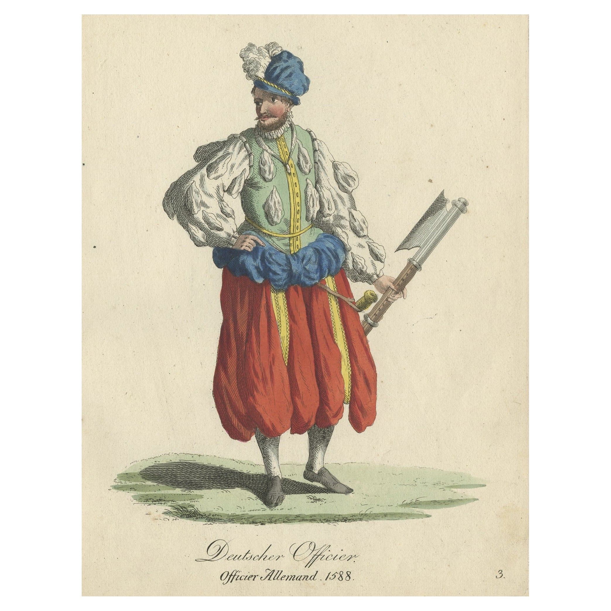 Original Print of the Costume of a German Officer in 1588, Published in 1805 For Sale
