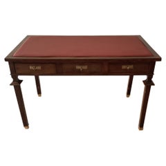 Empire Style Desk in Walnut 20th Century Three Drawers Brass Feet Leather Top