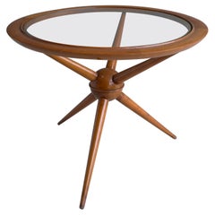 Elegant Round Tripod Side or Coffee Table in Walnut with Glass Top, Italy 1950's