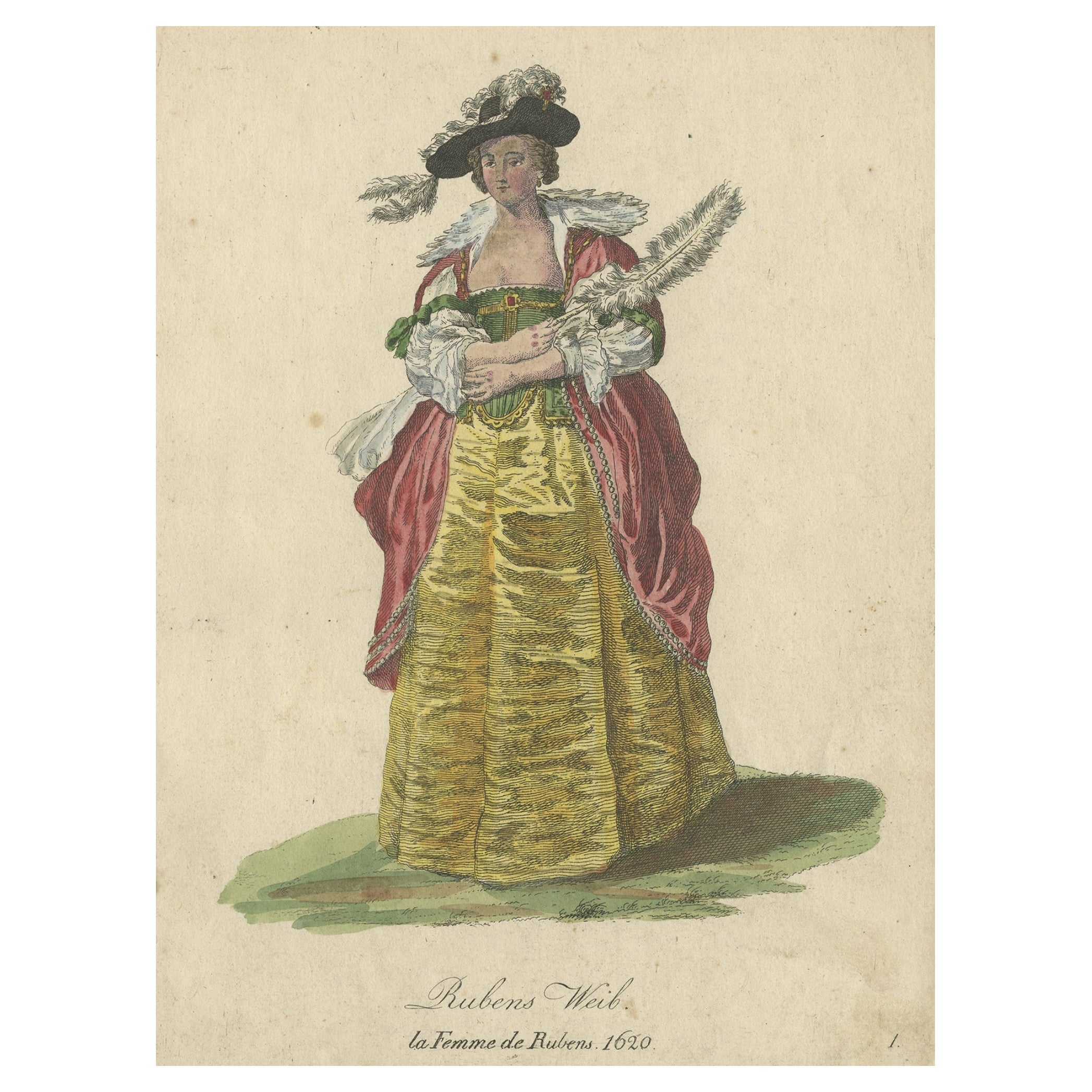 Stampa antica in costume della moglie di Ruben nel 1620, pubblicata nel 1805 in vendita