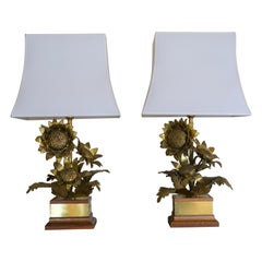 1960's French "Sunflowers" Brass Table Lamps