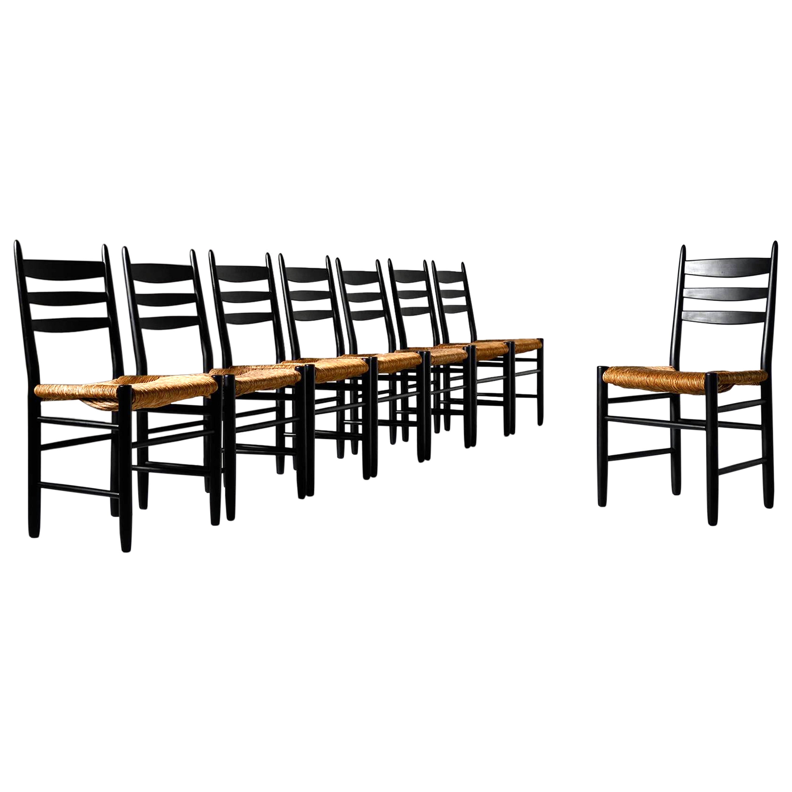 Stained Oak & Rush Dining Chairs, Set of 8