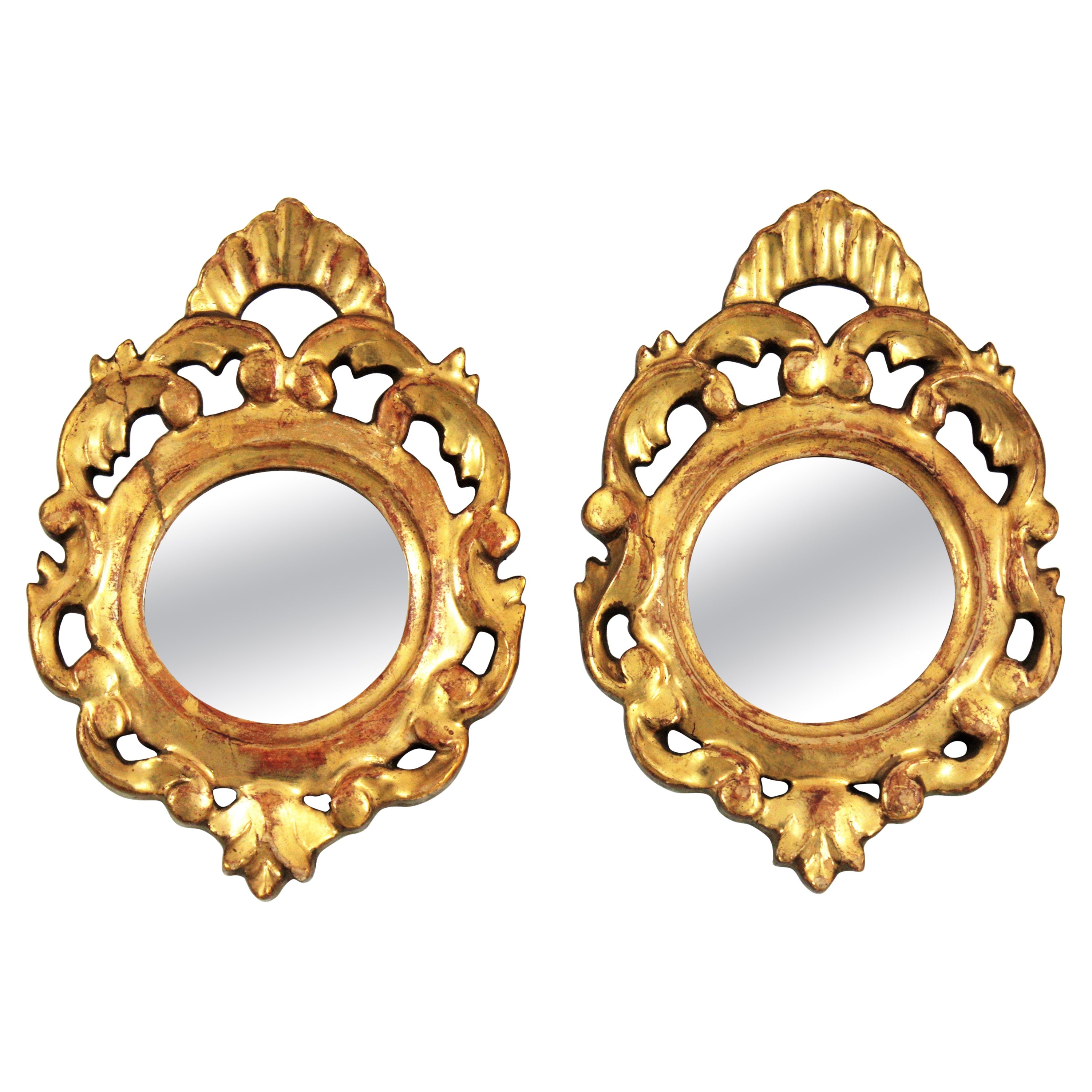 Rococo Style Carved Giltwood Miniature Wall Mirrors, Pair