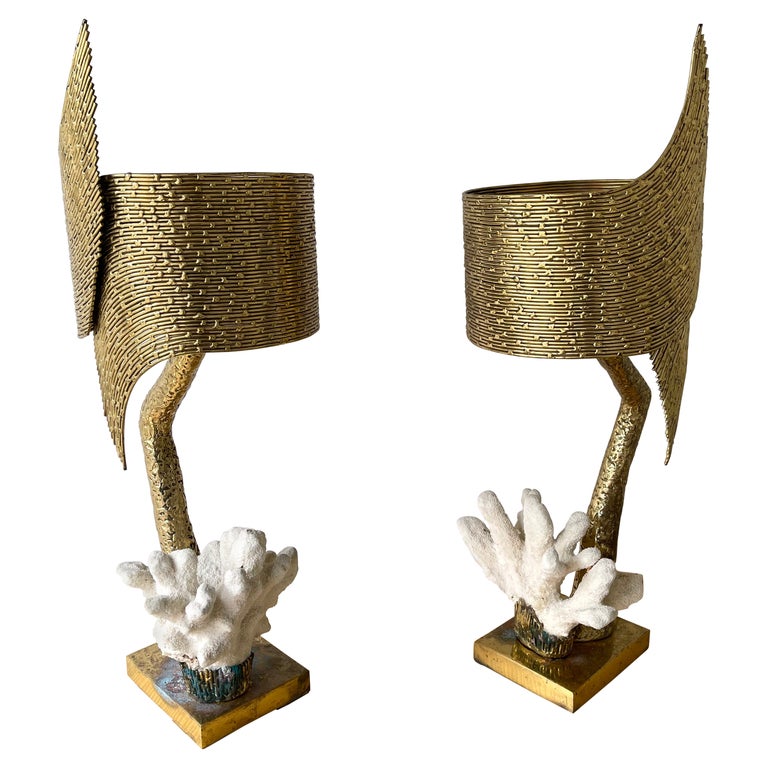 Pair of Brass and Coral Lamps by Jacques Duval Brasseur, France, 1970s For Sale