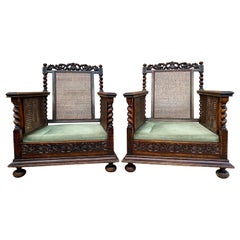 Antique Late 19th Century Renaissance Walnut and Rattan Armchair, 1890s, Set of 2