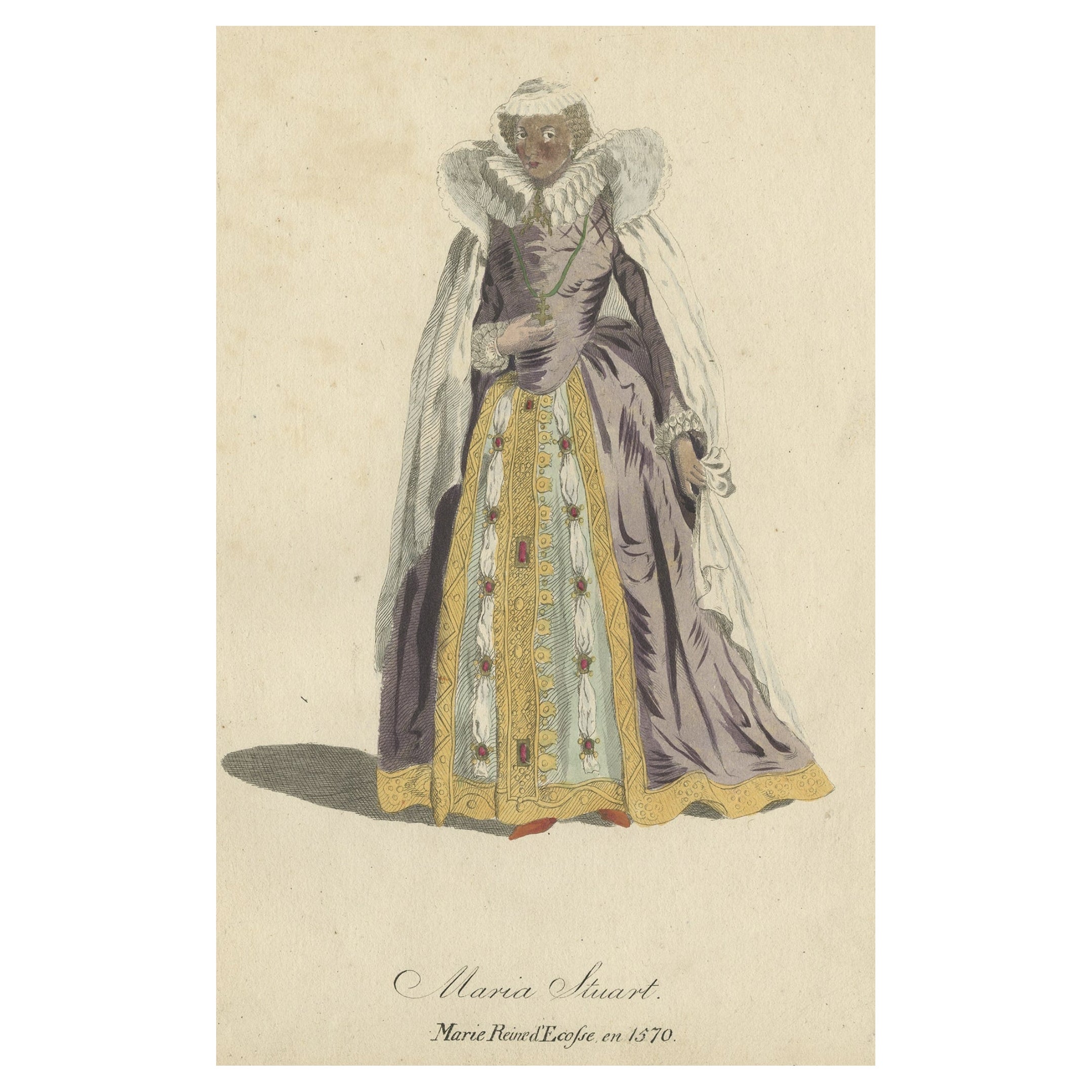 Old Handcolored Print of Stuart Mary, Queen of Scots, 1805 For Sale