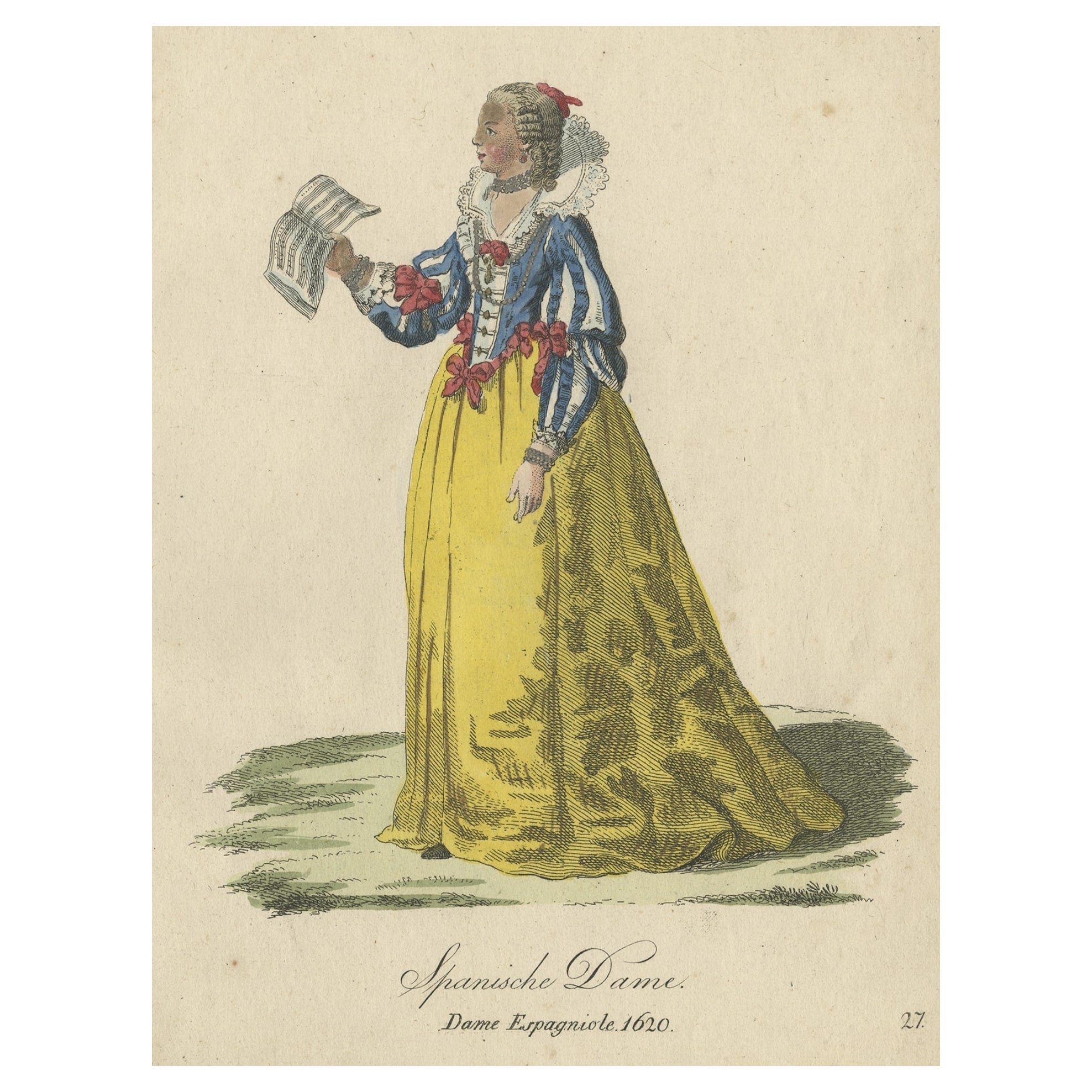 Incisione originale in rame colorato di una signora spagnola in costume del 1620, 1805