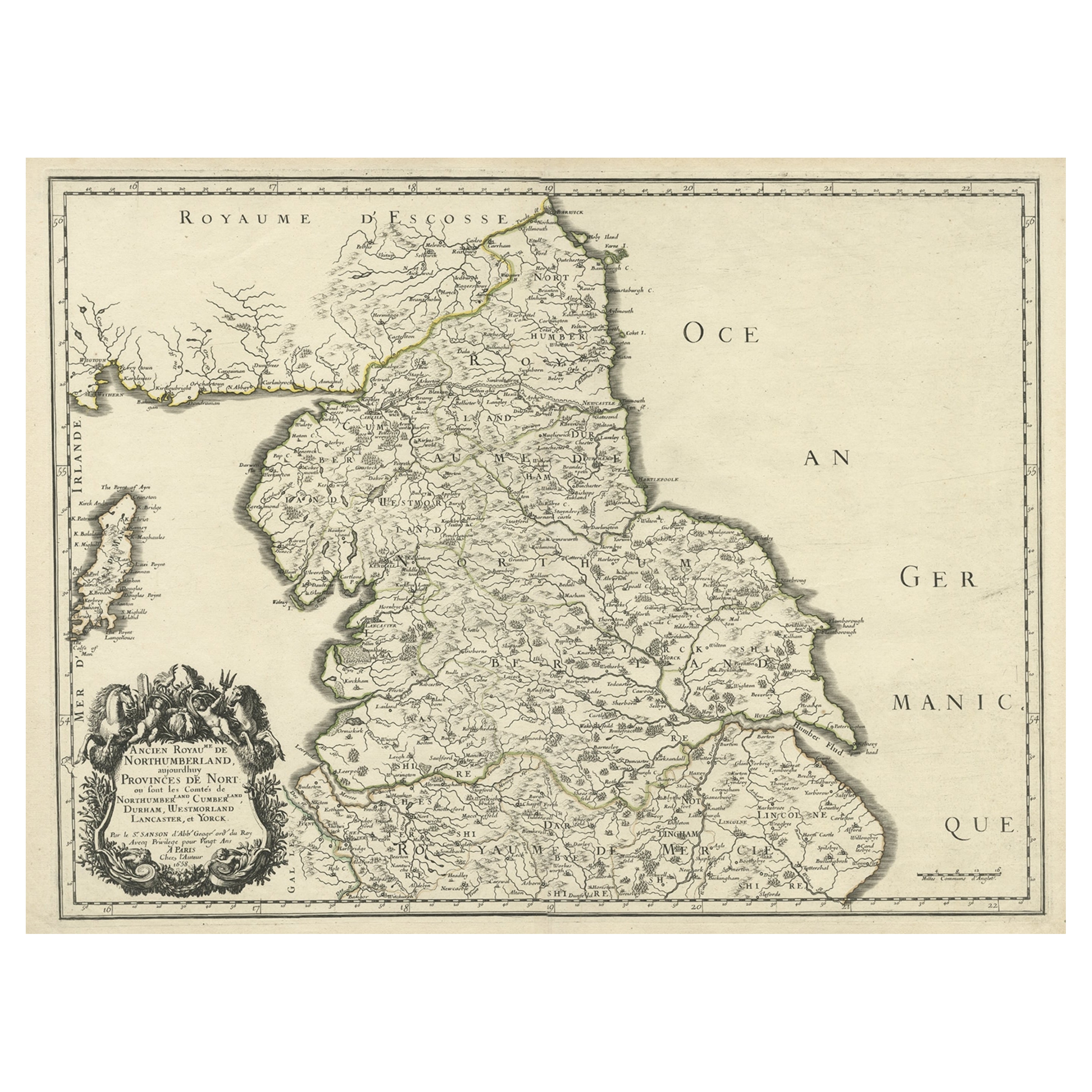 Engraved Map of Northern England, Focusing on Northumberland, 1658