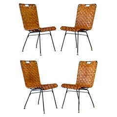 Midcentury Woven Cognac Leather + Iron Chairs, After Arthur Umanoff