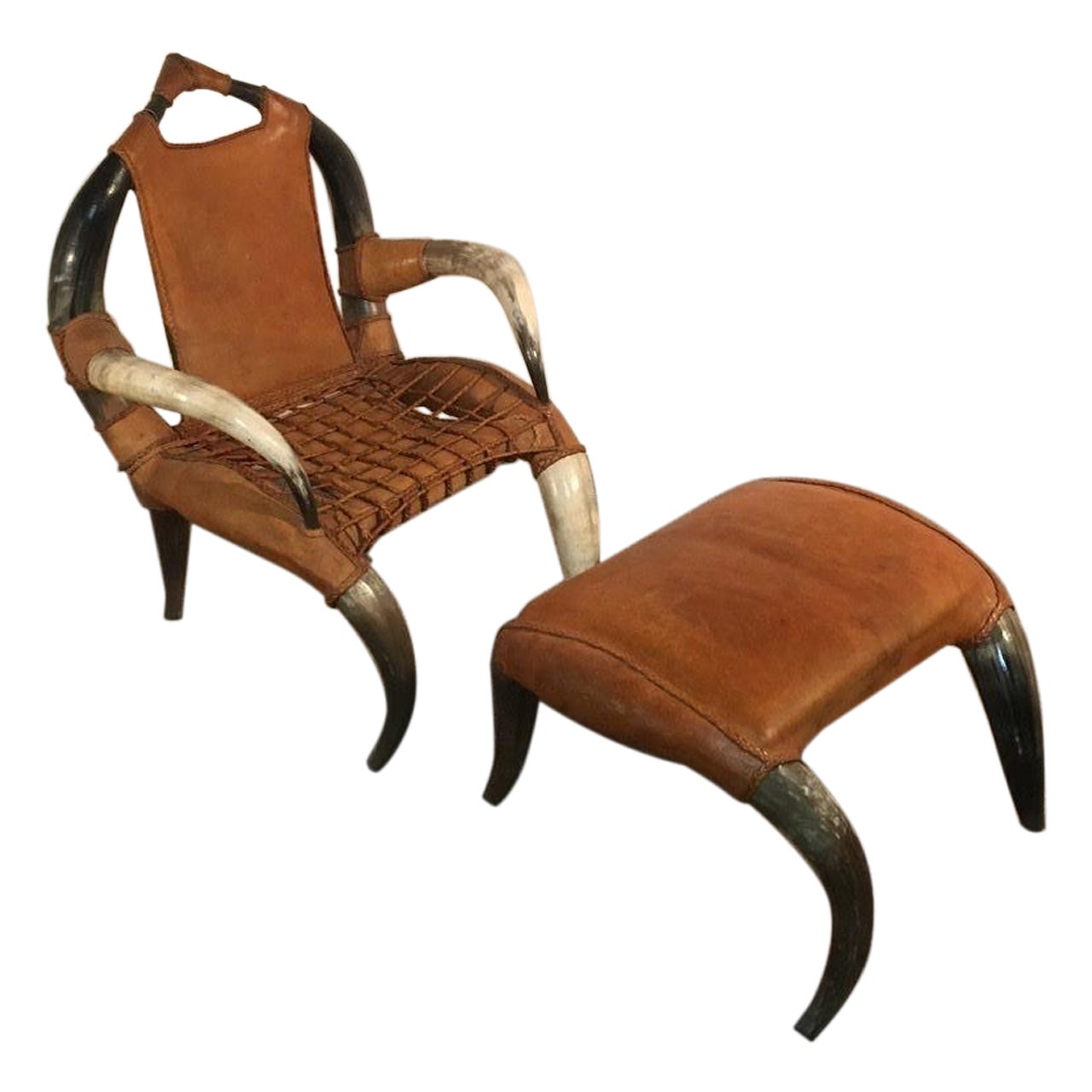 Fauteuil avec ottoman en corne d'antiquité