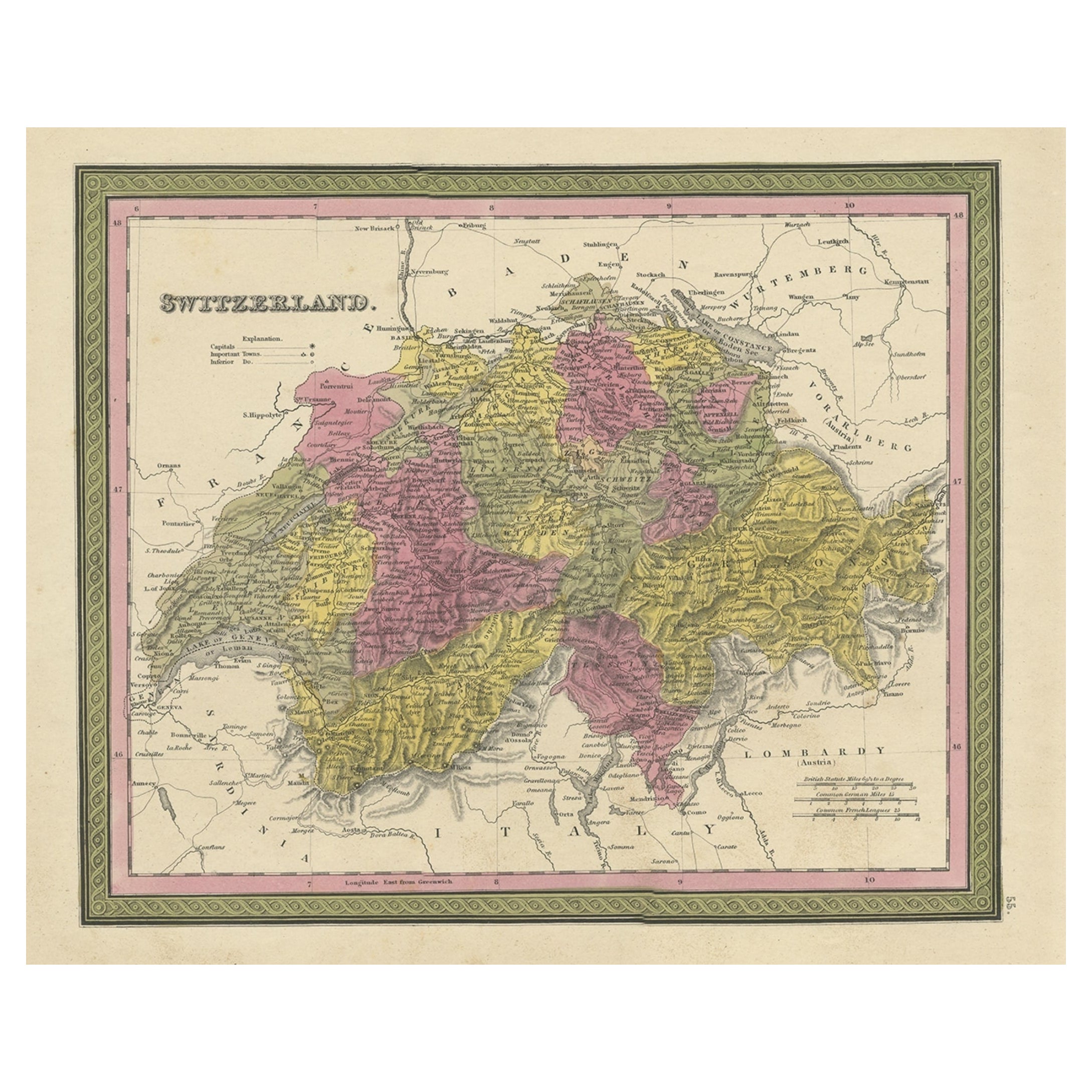 Colourful Antique Map of Switzerland, 1846 For Sale