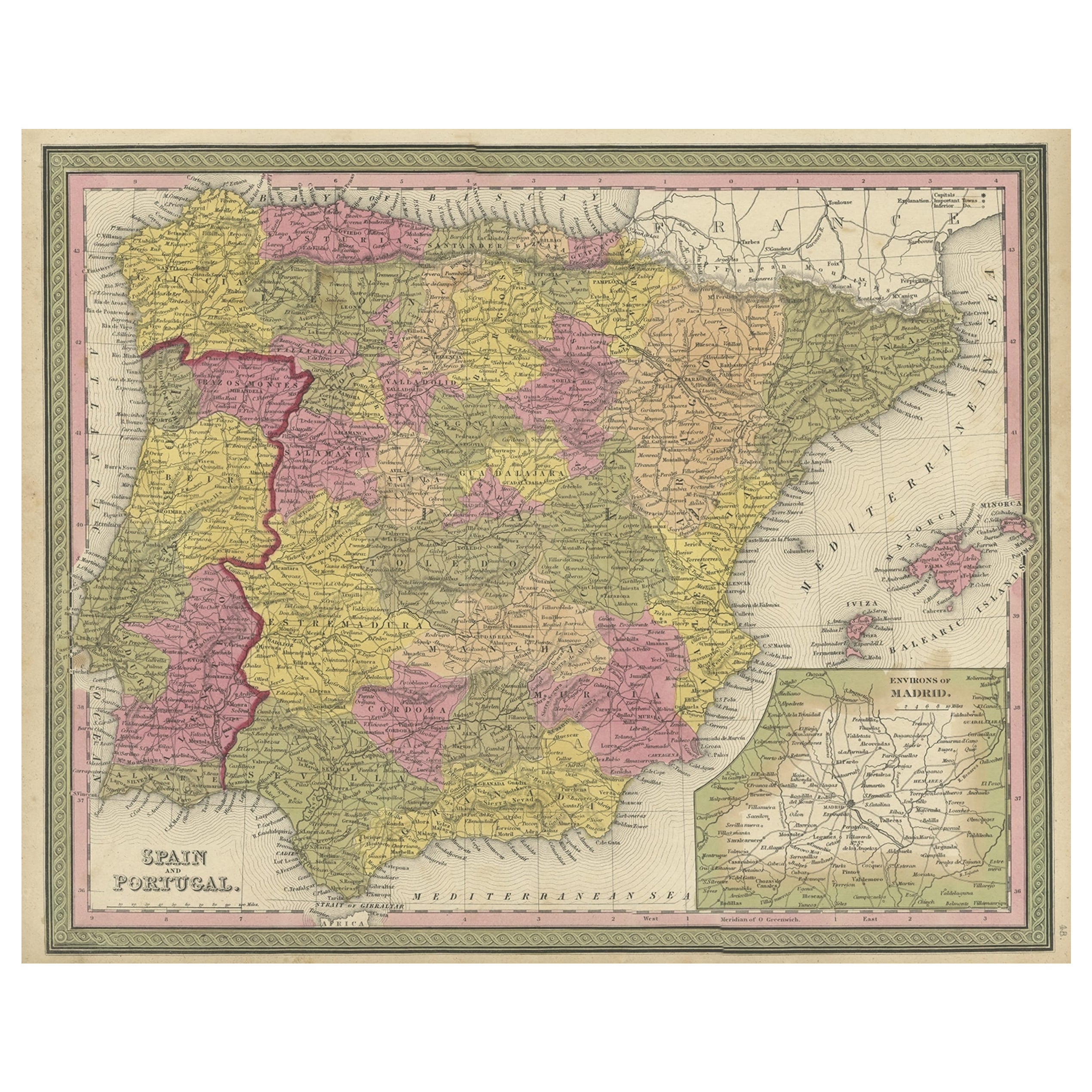 Old Map of Spain and Portugal, with an Inset Map of the Region of Madrid, 1846