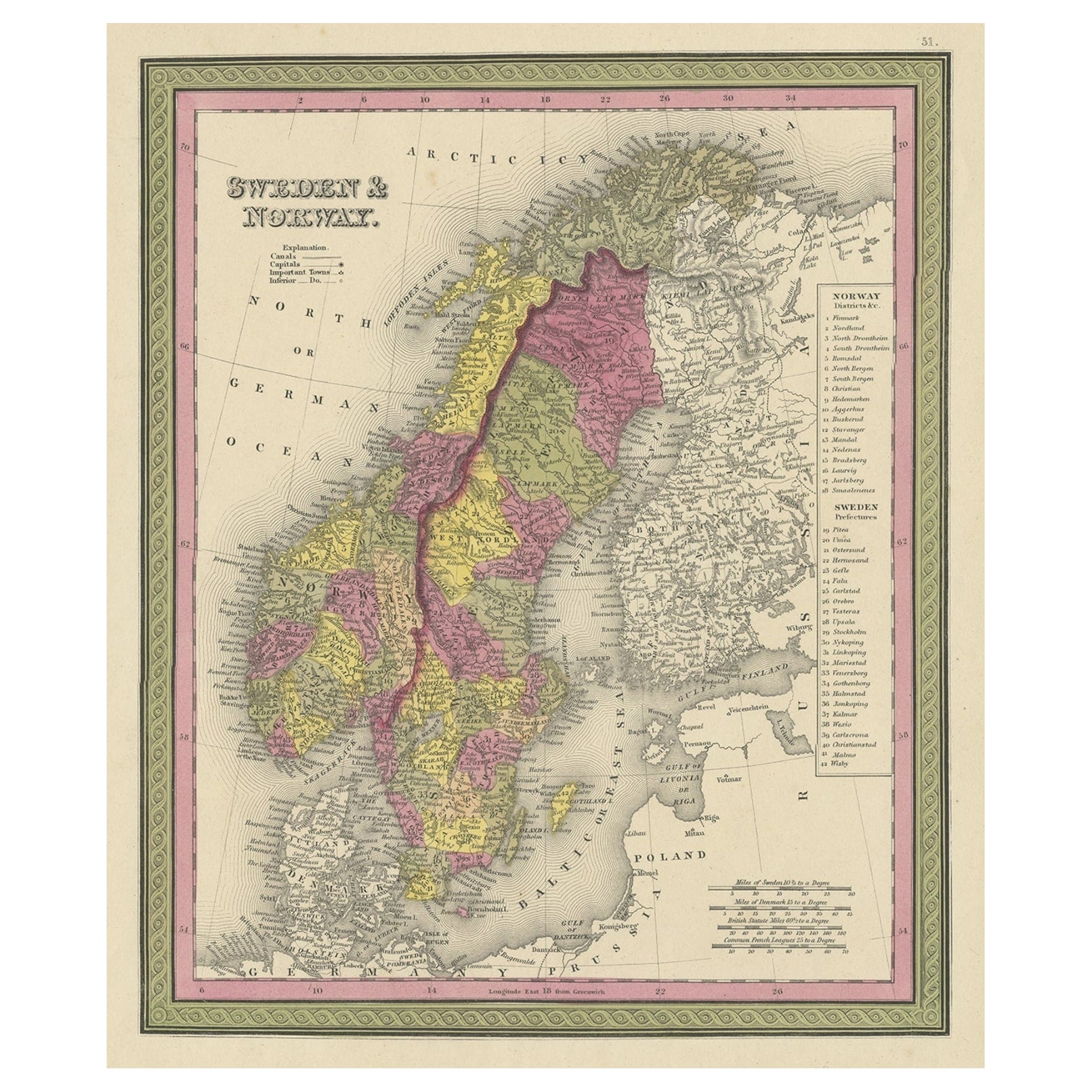 Old Colourful Map of Sweden and Norway, 1846 For Sale