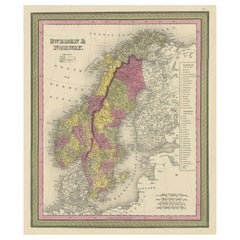 Old Colourful Map of Sweden and Norway, 1846
