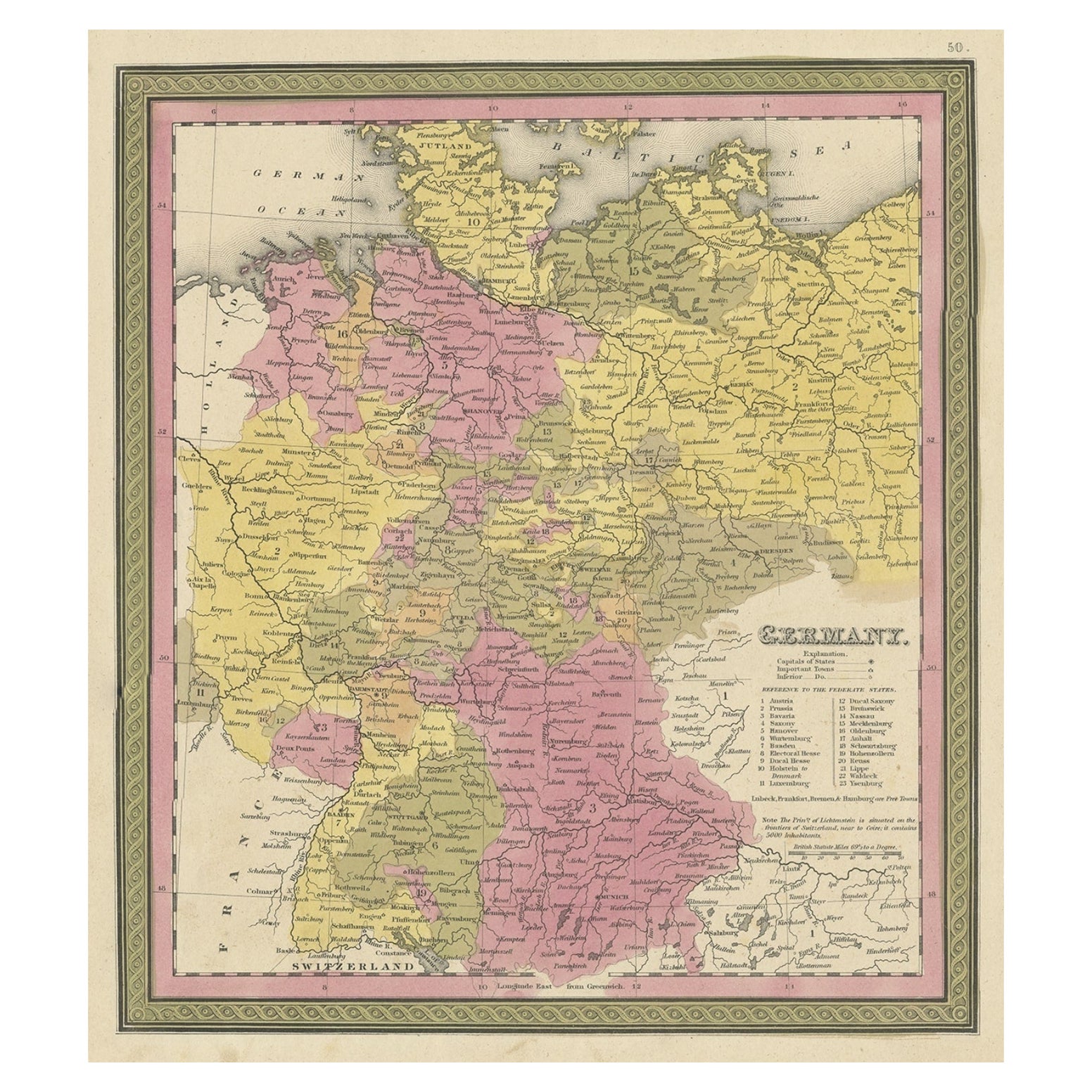 Decorative Antique Map of Germany, 1846 For Sale
