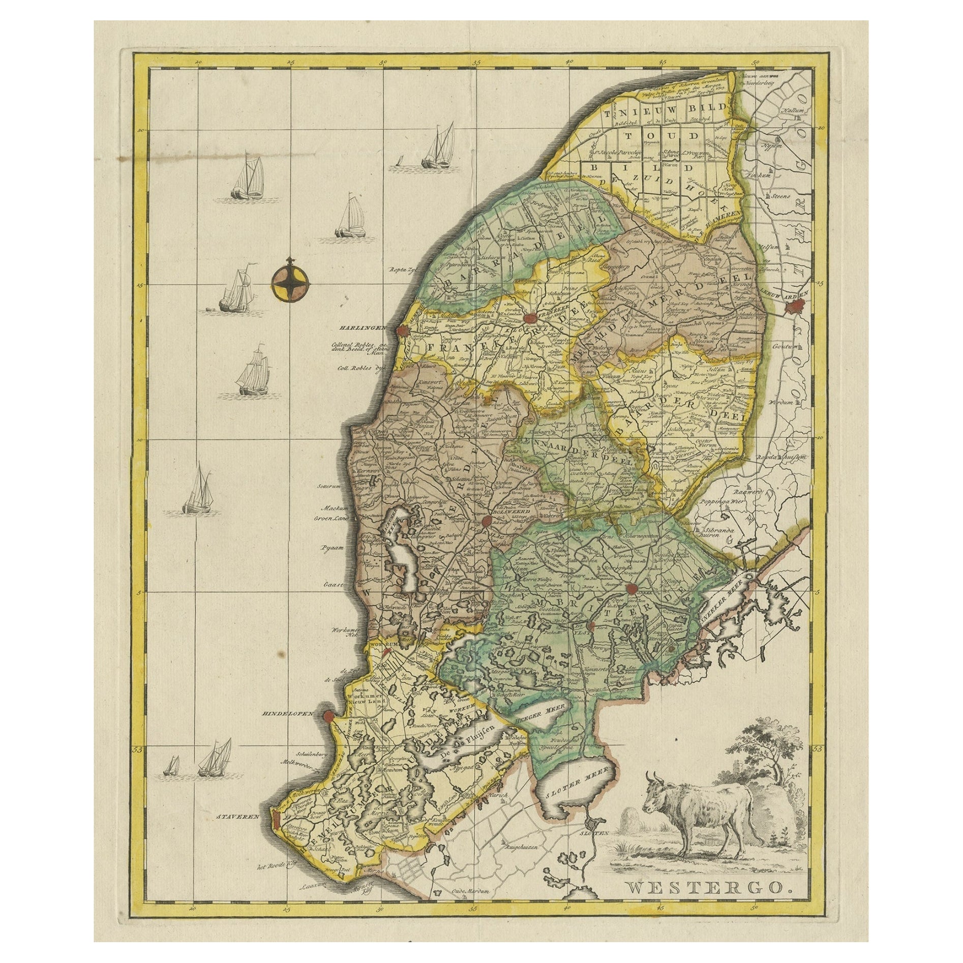 Gravure originale en cuivre de Westergo, faisant partie du Friesland, Pays-Bas, 1744