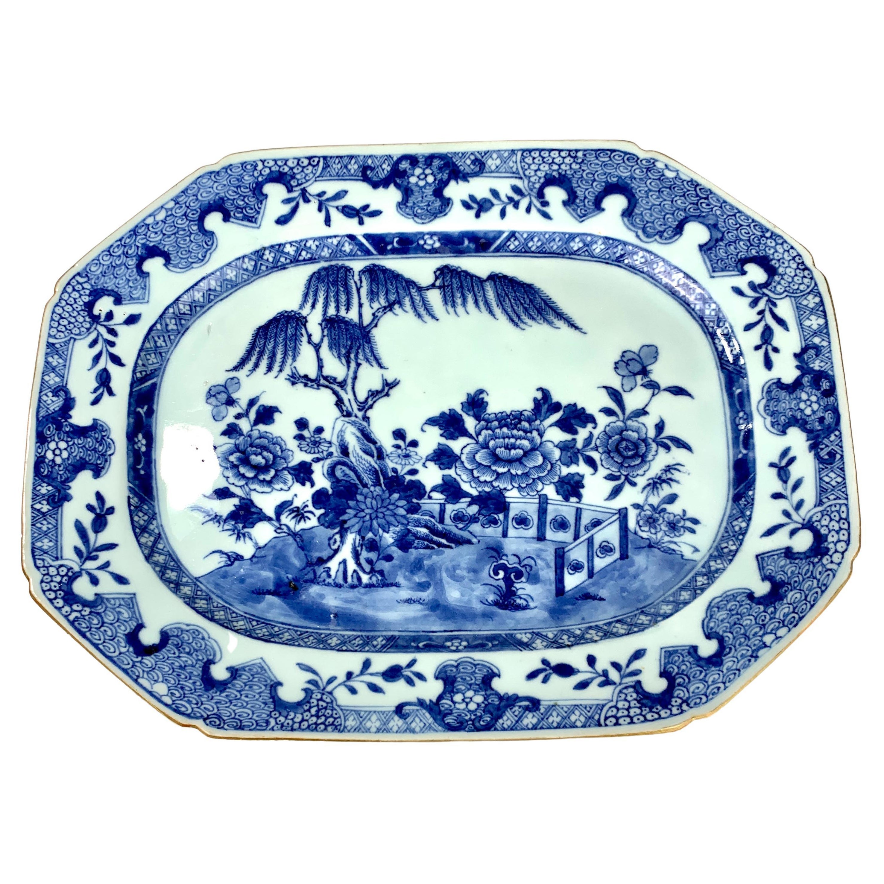Chinese Blue and White Porcelain Platter Hand-Painted, 18th Century, Circa 1770