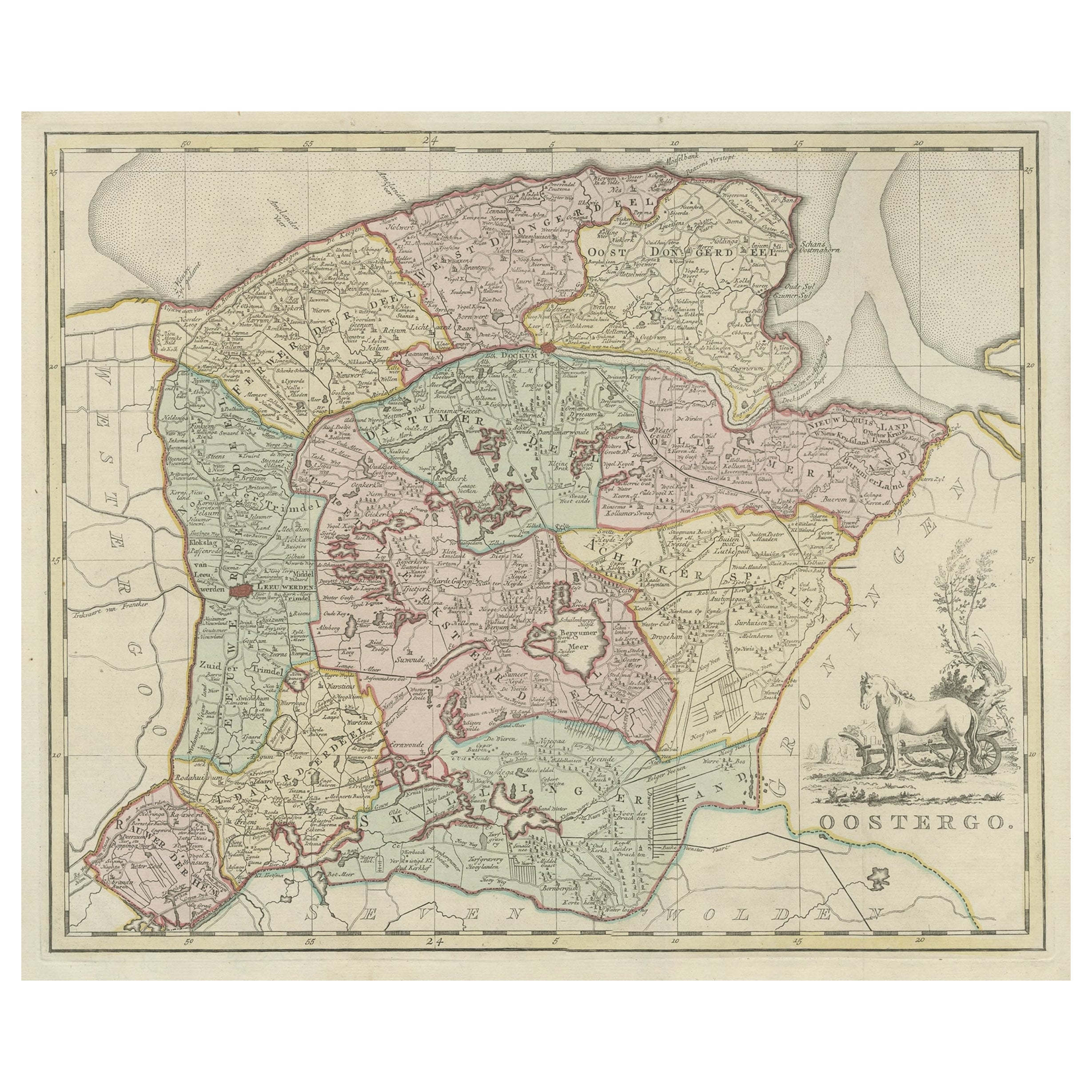 Antique Map of Oostergo, Part of Friesland, the Netherlands. Published in 1744