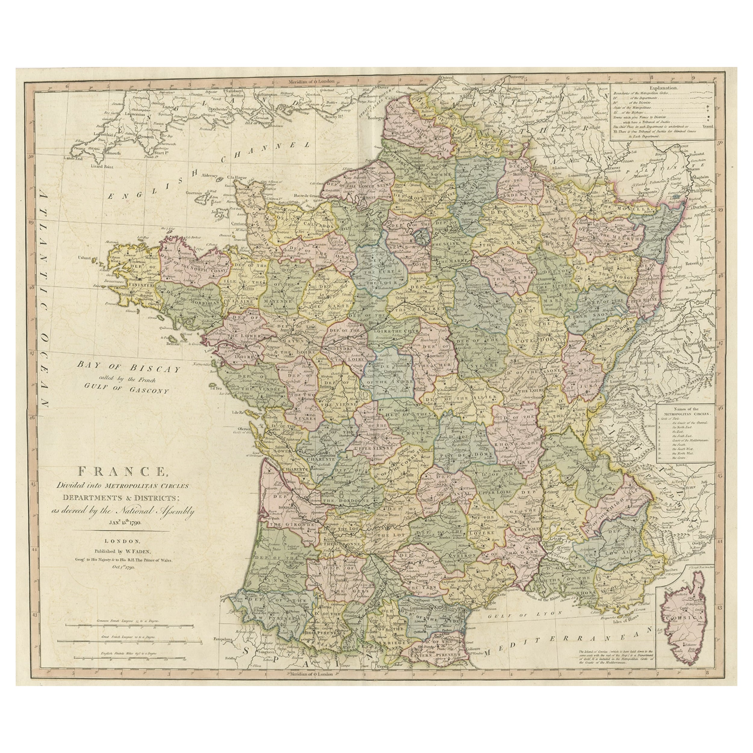 Large Antique Map of France, with a Small Inset of the Island of Corsica, 1792